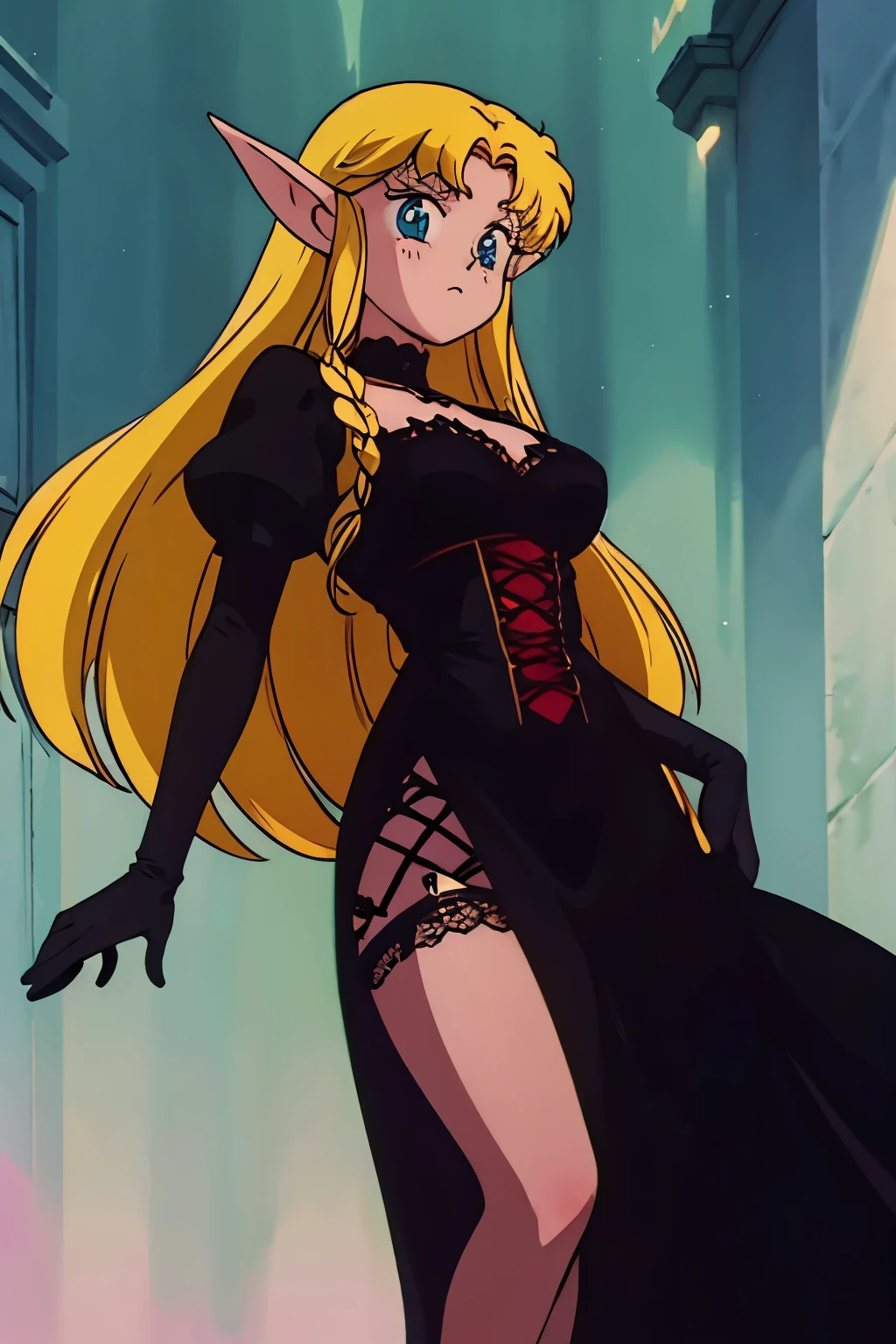 elf girl. long blonde hair, long lace black dress, gothic dress, gloves