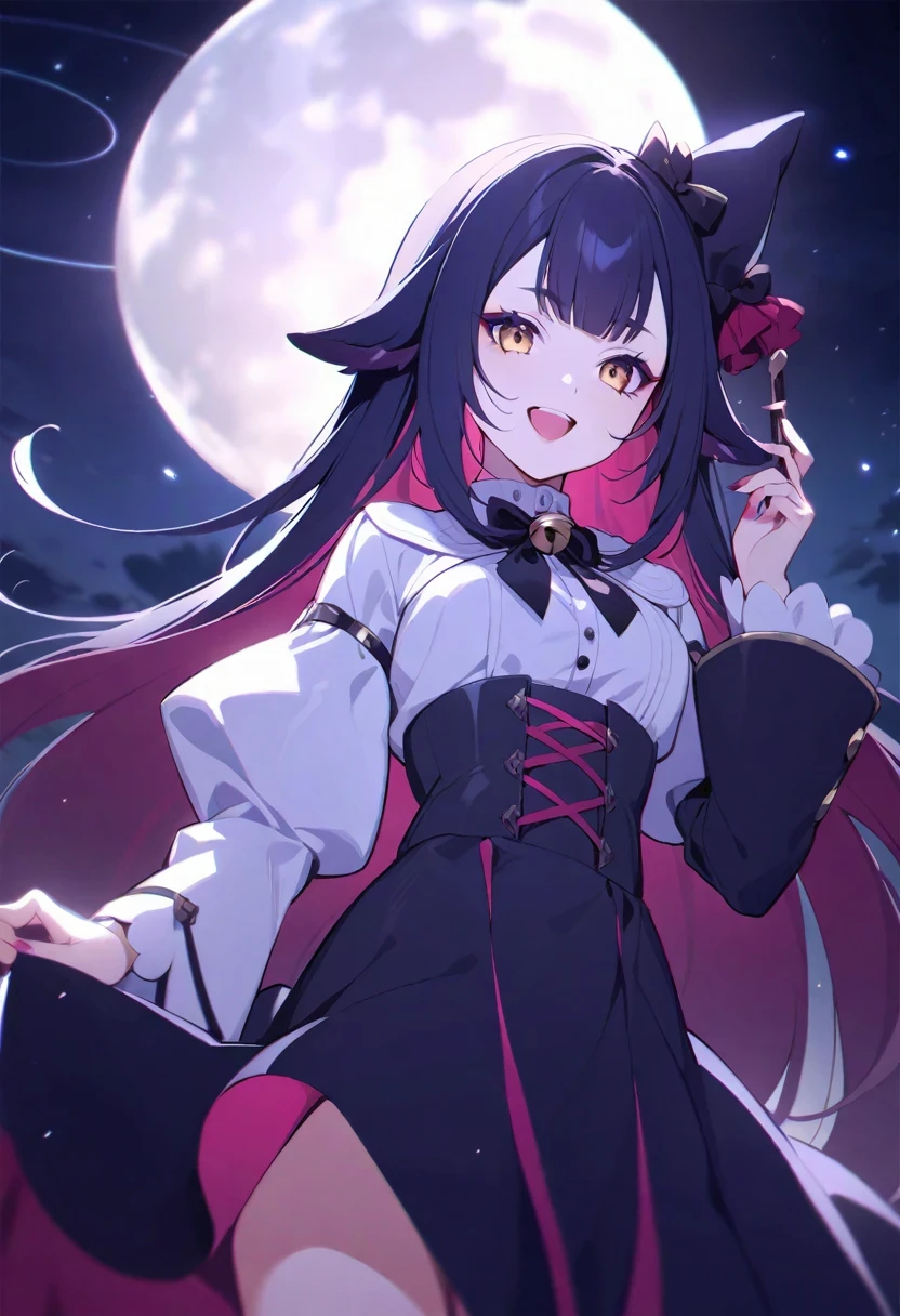 (shylily/(Twich/):1.5),(masterpiece:1.2),(best quality:1.2),Young Girls、Humanity、The magician who always smiles、big witch hat 、Lovely、dull eyes、Bangs are very heavy、Thin eyebrows、fantasy、Admission、Double teeth、star pattern、Constellation pattern monochrome clothing exterior decoration、cape、A bit dark atmosphere、a little crazy smile、Night outside,when the big moon shines、Backflow of blood、black star hair accessories、short tie、no nails、High waist skirt、Bell sleeves、Long-sleeved shirt、Black Tie、Low exposure、gentlemen.々A haze、and white effect、Shocking pink as an accent color
