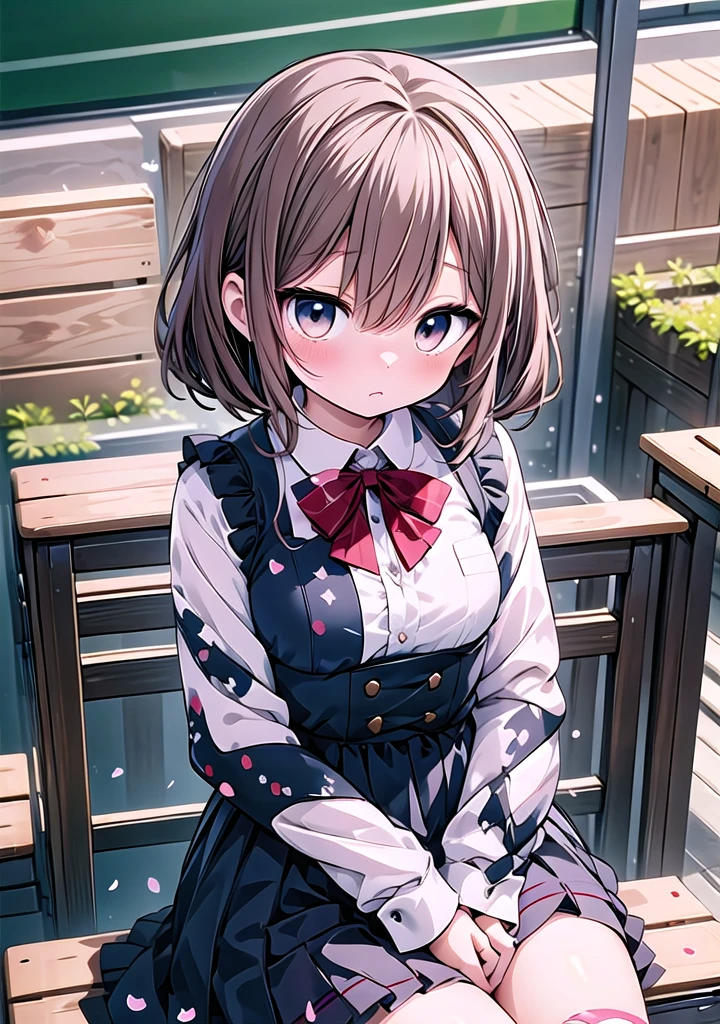 Upper body close-up、　((highest quality)), masterpiece, Ultra-high resolution, 8k,Show anime style , One, Soft Line Art, Digital Enhancement, shojo anime touch, shojo manga core, Flowing fabric, close, Soft Drawing, (Ultra-Definition Digital Anime Art), Clear facial depiction, ((Super detailed girl cartoon character art)), (Ultra-detailed manga style), highest qualityの色, ((Short brown hair)), Beautiful brown hair, (Clear brown eyes), Slightly chubby,Small ,cute girl sitting on bench in garden,Frilled Dirndl,from above,looking up,cobblestone pavement,(hair over one eye),(Speckled sunlight:1.2),Blurred,(depth of field:1.1),Tilt your head,:0,(petal),wood,butterf