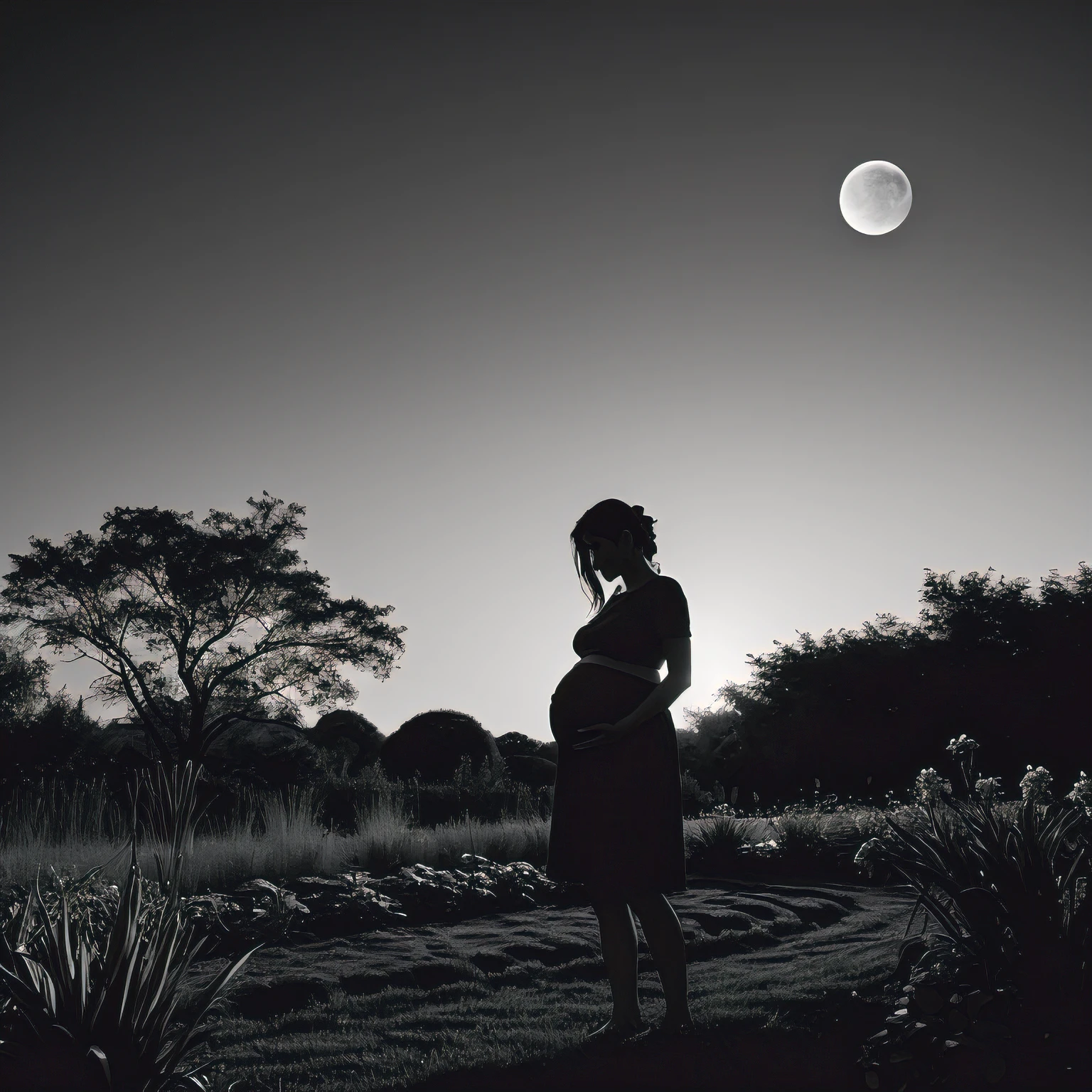 Silhouettes of pregnant woman, early morning garden, morning moon in the sky, monochrome, greyscale, Black and White image