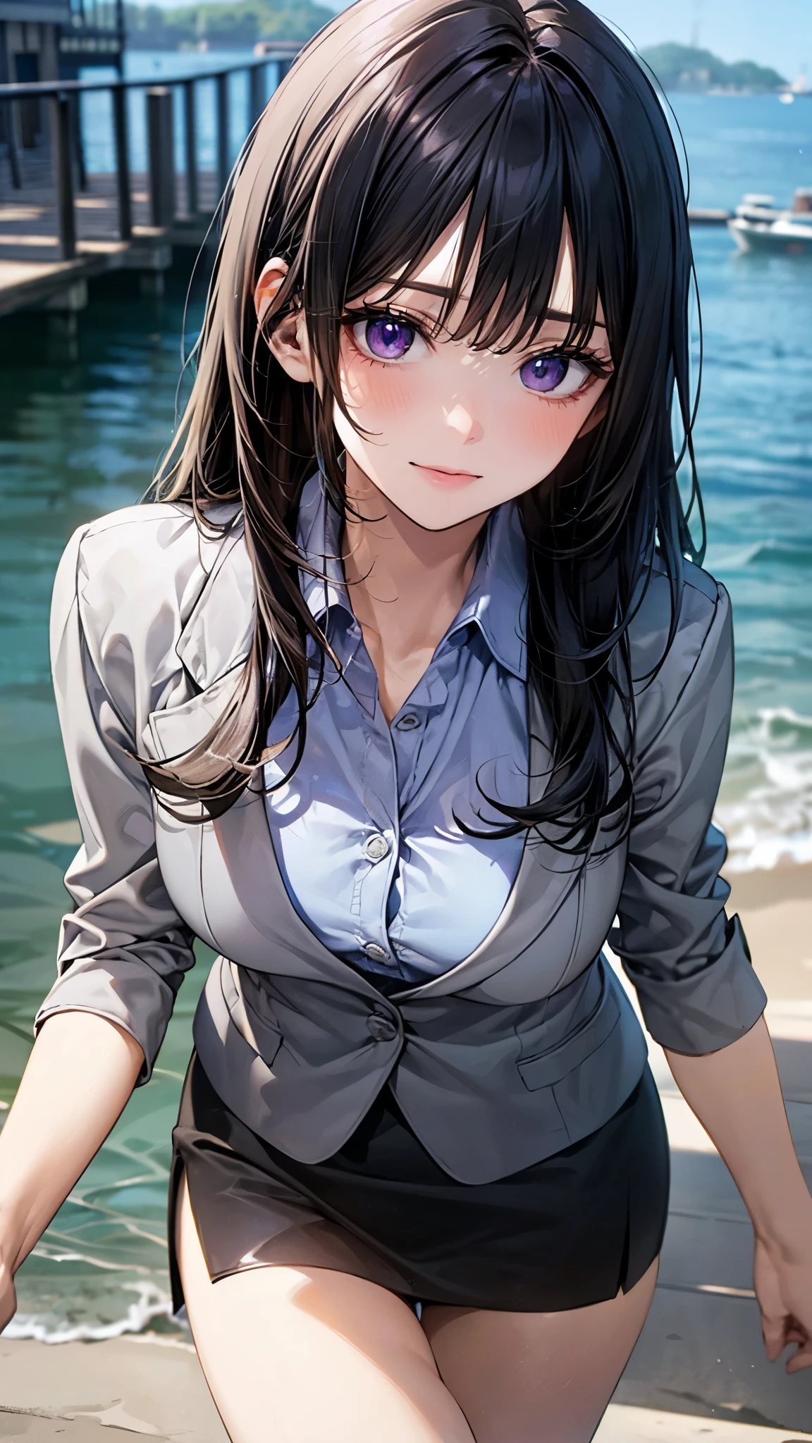 (masterpiece:1.2, Top quality), (Practical, photoPractical:1.4), Nice illustration, (Natural side light, light),
Looking at the audience, 1 girl, Chinese, 25 years old, Perfect face, Perfect body, Cute and symmetrical face, Glowing skin, baby ,
(Long hair, Straight Hair, Long sideburns, Black Hair), side fringe, Deep purple eyes, (Medium Breast, Attractive thighs),
beautiful hair, Pretty Face, Beautiful and delicate eyes, Beautiful clavicle, Beautiful Body, Beautiful breasts, Beautiful thighs, Beautiful legs, Beautiful fingers,
(((Grey business jacket, Close up of clothes), Light grey collared shirt, Gray tight skirt), engagement ring),
(Beautiful scenery), night, (seaside), permanent, (Lovely smile, Upper Eye),
