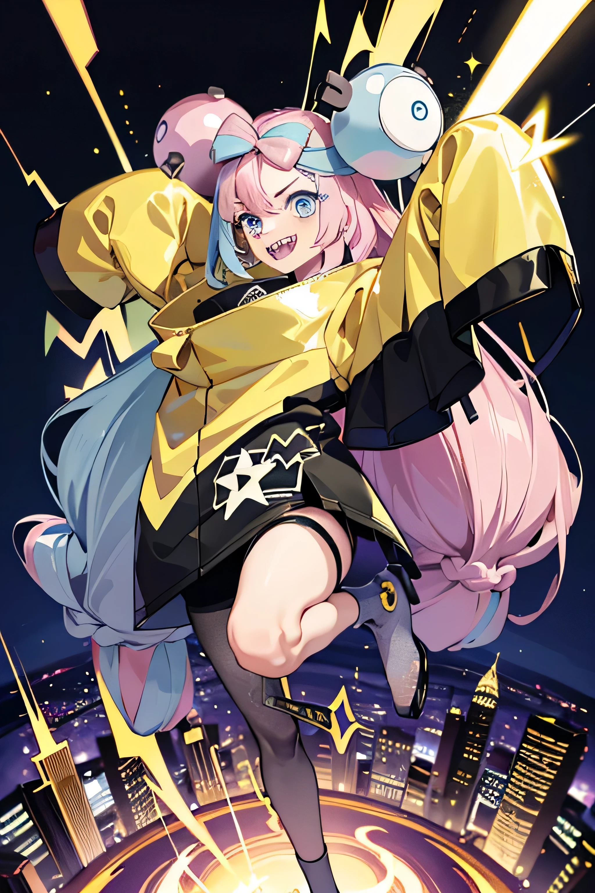 Highest quality、masterpiece、Anime Style、Pink hair and blue eyes、Baggy yellow jacket、Raise your right hand high、Lower your left hand、Stand with only your right foot、Lift your left leg。Sharp teeth、smile、City background、Purple to yellow gradient eyes