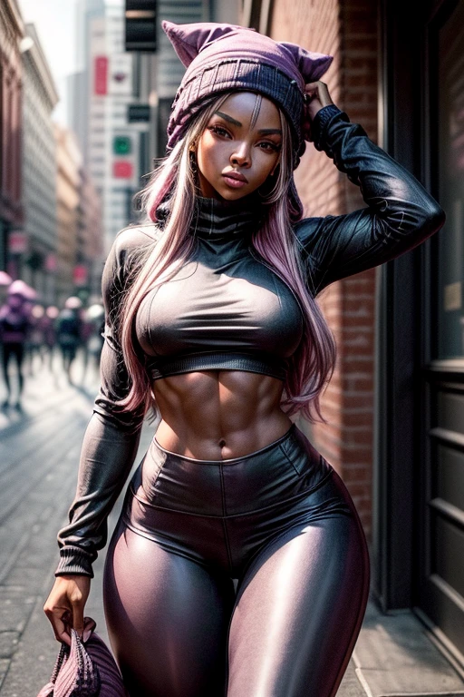 {(Sha'Carri Richardson
Velocista, usando (legging preto de couro), e uma (pink sweatshirt with wool hat), (sensual)athletic body, cintura fina, coxas grossas}, rua, stupid, viela.