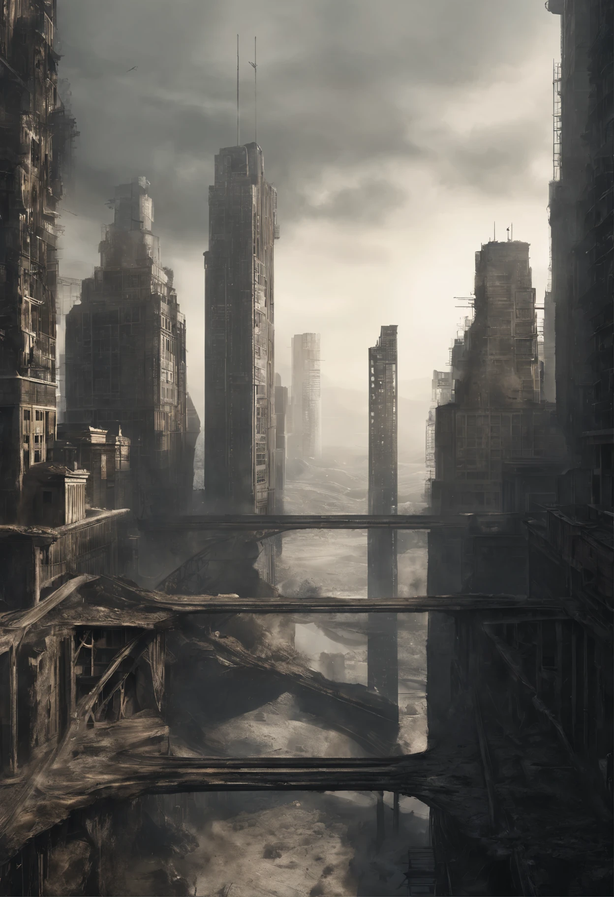 image of the view from inside a bridge between a tall circular tower in the center of a post-apocalyptic North American megalopolis and another building, Vision of the whole city, there is a reinforced concrete walkway connecting one building to another on the horizon, a cidade tem tons de cinza, has smoky structures, carros abandonados nas ruas, desert megalopolis, tall buildings and collapsing to the ground, many destroyed buildings around, TEM UMA GAROTA VESTIDA COM CAPUZ ANDANDO NA RUA, as realistic as possible, As detailed as possible, as realistic as possible, ultra realismo