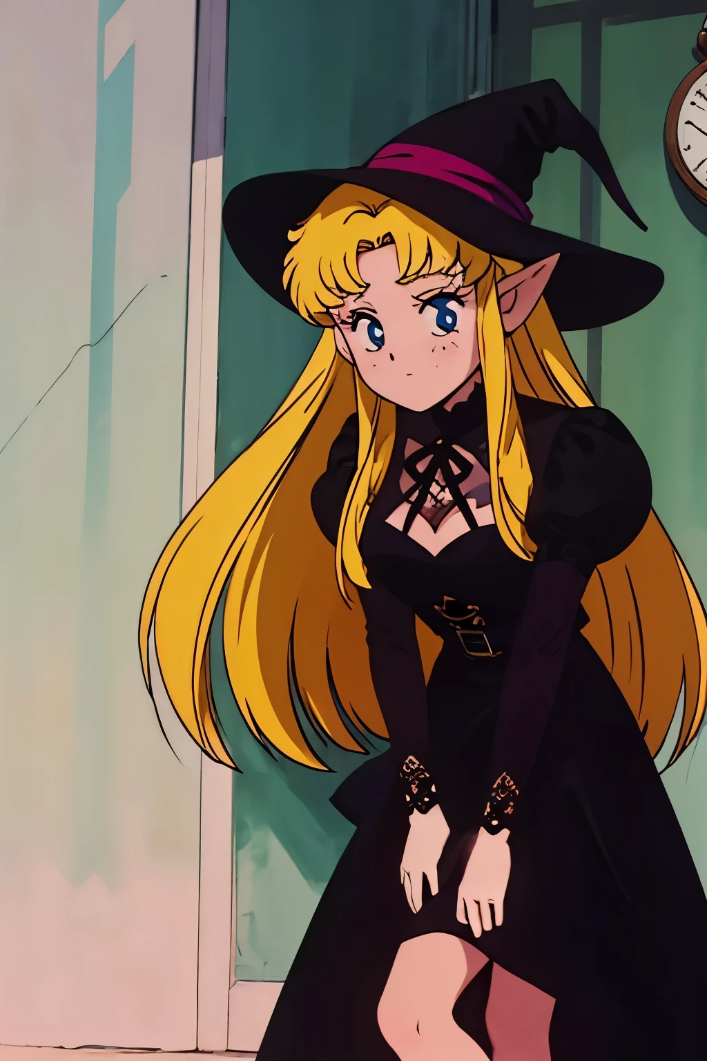 elf girl. long blonde hair, long lace black dress, gothic dress, gloves