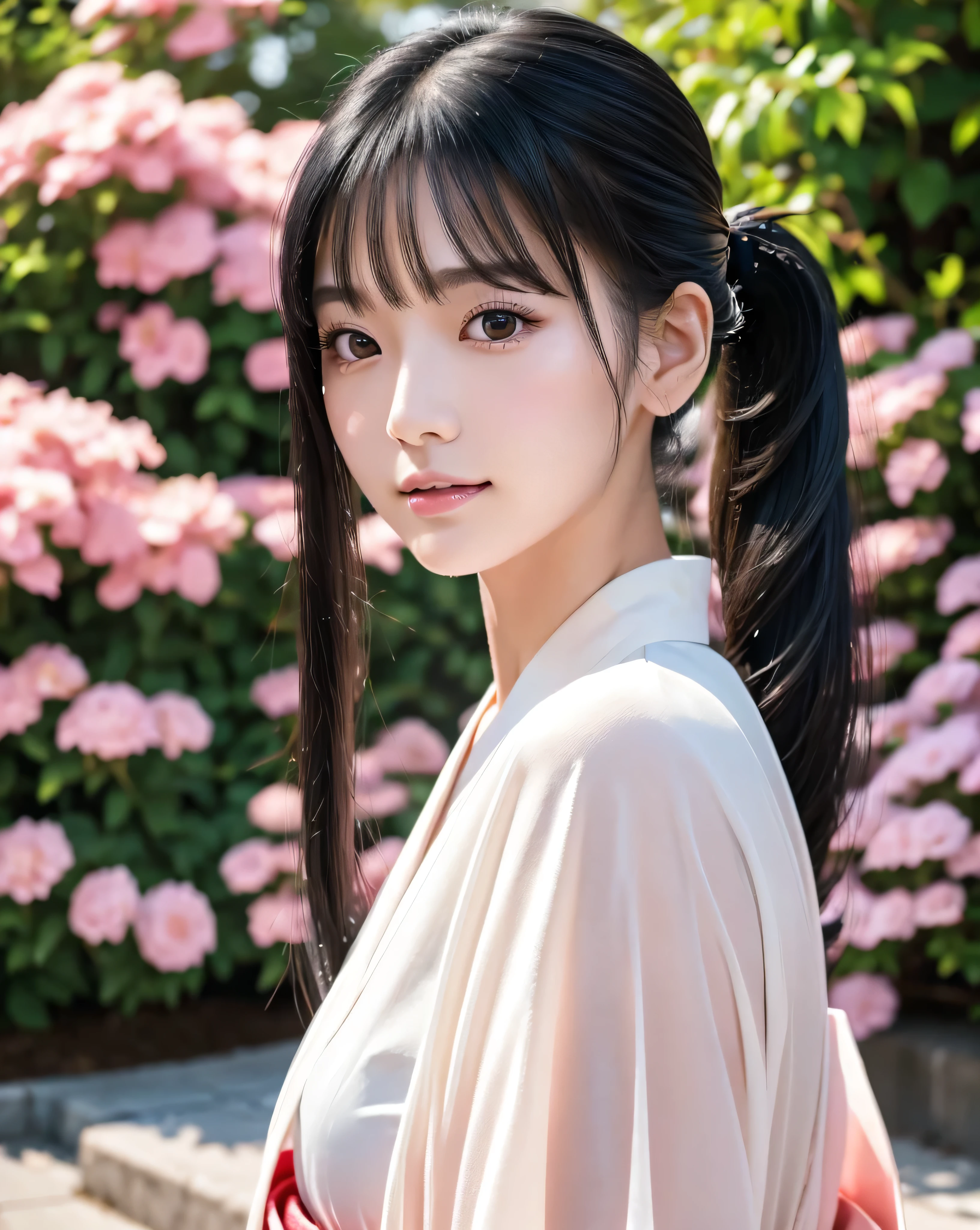 (highest quality, 32k, High resolution, Masterpiece:1.5, ), marimo_jet, Transparent air, Beautiful Japanese Girls, An exceptionally beautiful face, Small Face Beauty, Perfect Human Anatomy, Magical big eyes, Motherhood and generosity, Deep Love, (fleeting smile:0.7), ((Shiny black hair:1.3), (Beautiful ponytail)), Asymmetrical bangs, Hair between the eyes, Transparent, soft white skin, Sharp eyebrows, Thin lashes, Natural Makeup, Pale pink detailed lips, (Red kimono:1.0), Dazzling summer sunshine, Japanese cityscape, detailed blue sky, Professional Lighting, Professional photographer, Professional models, mysterious