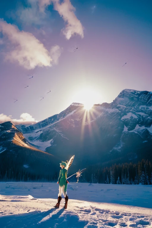 masterpiece, 8k, Perfect lighting, , Adult, woman, View Viewer, Cinema Lighting, Cowboy Shot, (Tinkerbell:1.5), (TinkerbellWaifu:1.1), Single hair bun, (緑のwinter用コート), (Green clothes), ((Clothes made from leaves)), Pointed Ears, blue eyes, (Fine grain:1.2), blush, Shrank, Flying in the air, (fly in the sky:1.8), cloud, Pixie Dust, winter, snow, forest, island,