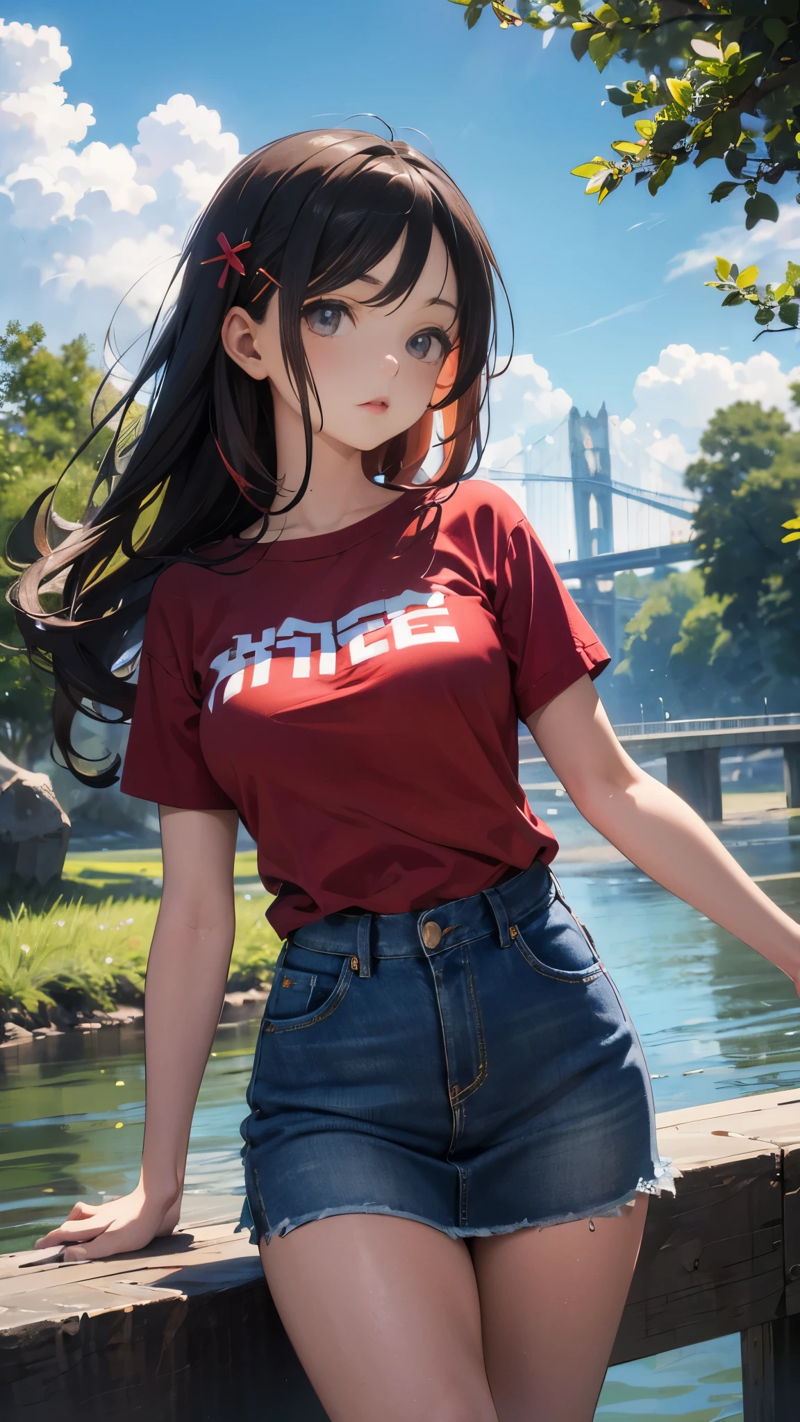 illustration：Ultra-delicate，She has big，25 years old，Red T-shirt，Denim skirt，Long hair，Cherry hairpins，Mature and stable，big sister，cloudy day，On the river，It&#39;s raining