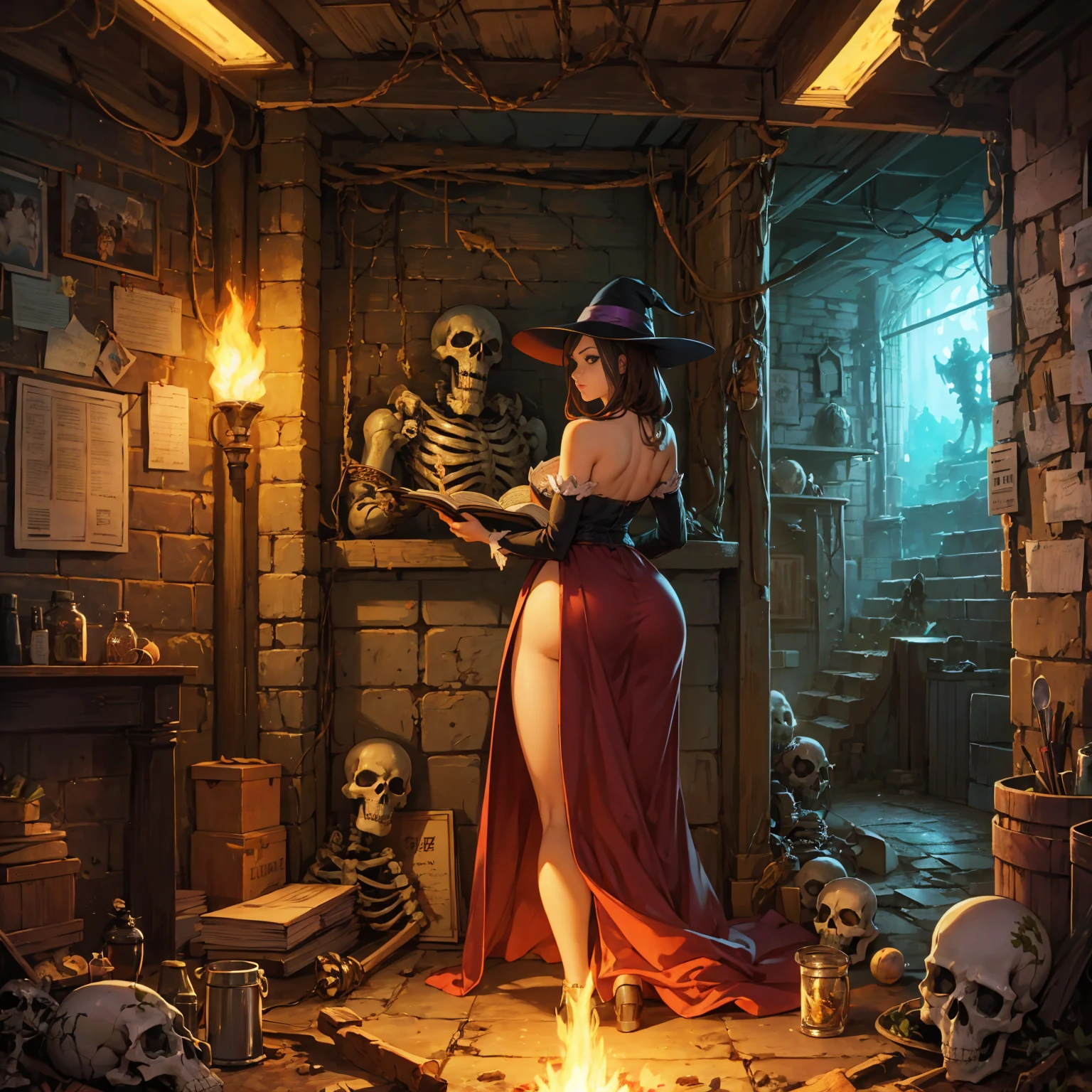 semi-realistic, anime style, 1woman reading an old scroll, (curvy body:0.8), neon lighting, dcSorcwitch hat, strapless dress, detached sleeves, FanUn, highly detailled backround, in abandonned subway, a fantasy underground laboratory, with cauldron, fireplace, torch lights on walls, scroll, grimoire, skeleton, moss on the wall, 