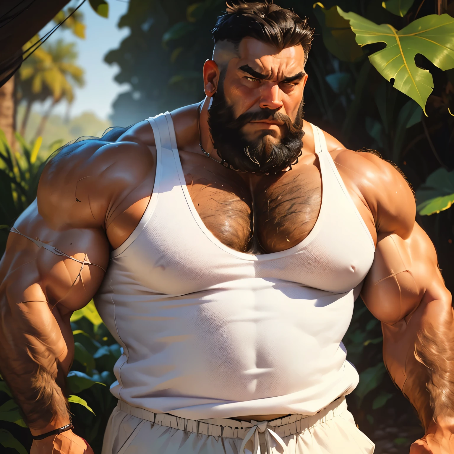 an exaggeratedly muscular and large bodyguard, grizzly old man with short greying black hair, beard, tan skin, (scars on face: 1.1), (stern expression: 1.1), (wearing white tank top: 1.2), pants with belt, (bara pecs: 1.3), (hairy chest and forearms: 1.2), close-up portrait HD, in the jungle