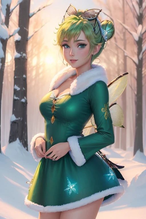 masterpiece, 8k, Perfect lighting, , Adult, woman, , Cinema Lighting, Cowboy Shot,  (Tinkerbell:1.5), (TinkerbellWaifu:1.1), Single hair bun, (緑のwinter用コート), (Green clothes), ((clothes made from leaves)), Pointy Ears, blue eyes, (fine grain:1.2), blush, zoom out, 空Fly, (Fly:1.8), cloud, , winter, snow,  forest, island, 