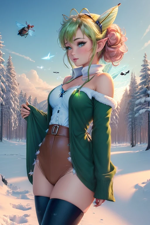 masterpiece, 8k, Perfect lighting, , Adult, woman, View Viewer, Cinema Lighting, Cowboy Shot,  (Tinkerbell:1.5), (TinkerbellWaifu:1.1), Single hair bun, (緑のwinter用コート), (Green clothes), ((Clothes made from leaves)), Pointed Ears, blue eyes, (Fine grain:1.2), blush, Shrank, Flying in the air, (fly in the sky:1.8), cloud, Pixie Dust, winter, snow,  forest, island, 