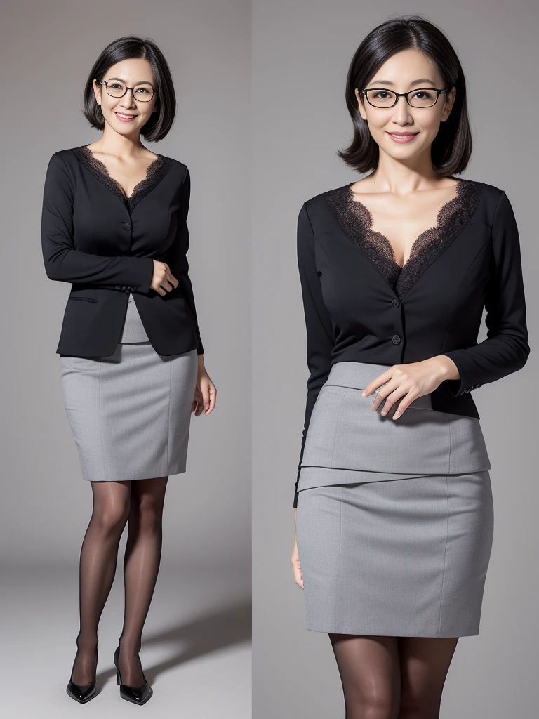 masterpiece, highest quality, (Seductive saleswoman:1), ((Portraiture:1.3)), smile, gray business wear,short tight skirt in gray,, Hyper detail on skin, Cleans pores，Panoramic View，Stick your butt out, Black lace stockings，Beautiful young Japanese MILF, 40 years old, Perfect Face, Looks great,  (Detailed facial features), Clean and nice face,Big Breasts,Glasses