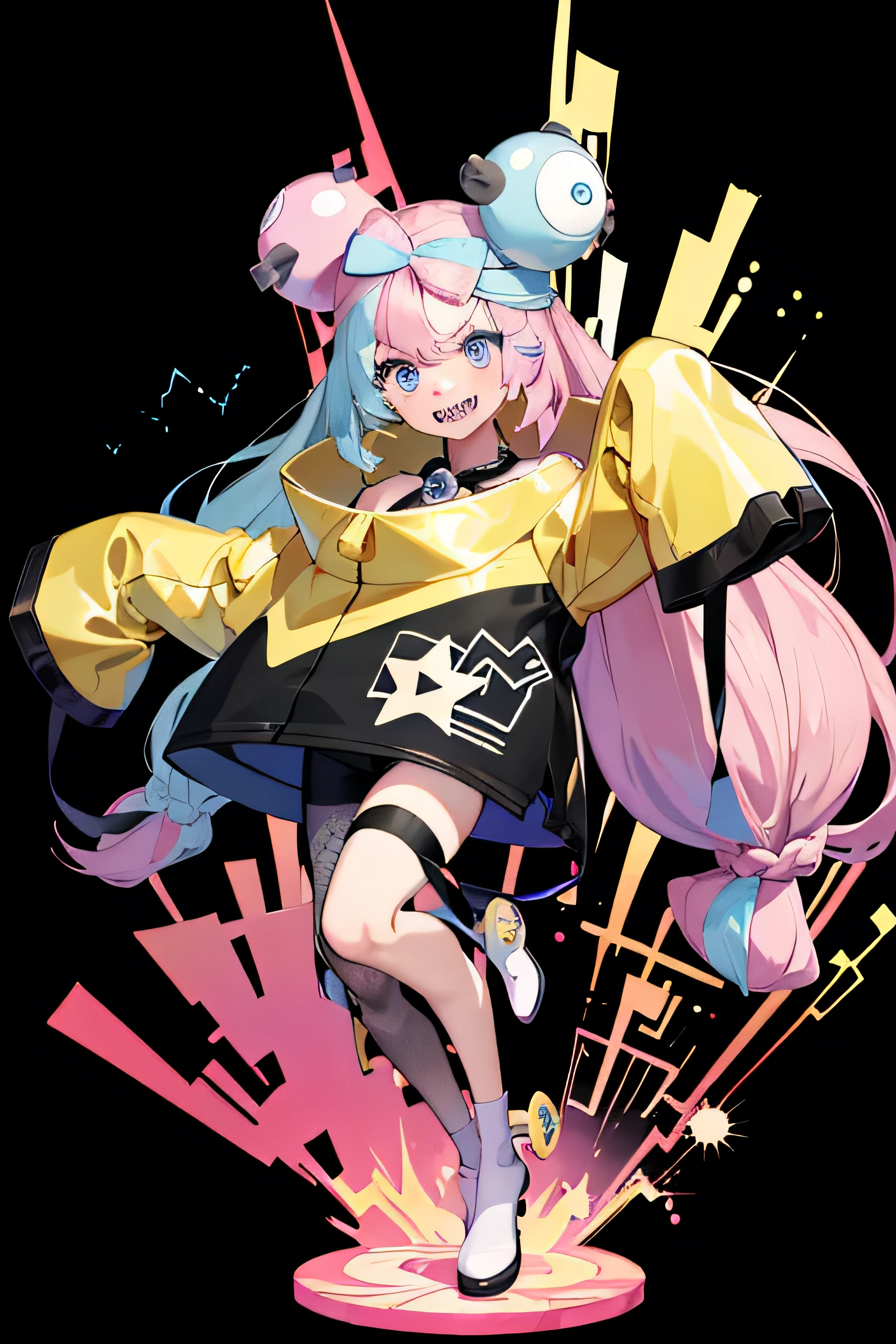 Highest quality、masterpiece、Anime Style、Pink hair and blue eyes、Baggy yellow jacket、Raise your right hand high、Lower your left hand、Stand with only your right foot、Lift your left leg。Sharp teeth、smile、With the current backdrop、Purple to yellow gradient eyes