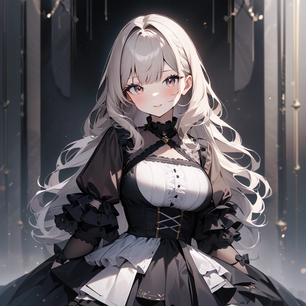 1 girl,best quality, very aesthetic, absurdres,looking at viewer,front view,Lovely lady,high-grade,layer,westfrill,light hair,multilayer,blackcolor,trim,(side-Crisscross),breasts,upscale