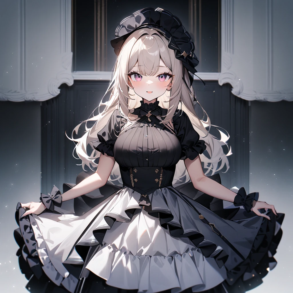 1 girl,best quality, very aesthetic, absurdres,looking at viewer,front view,Lovely lady,high-grade,layer,westfrill,light hair,multilayer,blackcolor,trim,(side-Crisscross),breasts,upscale