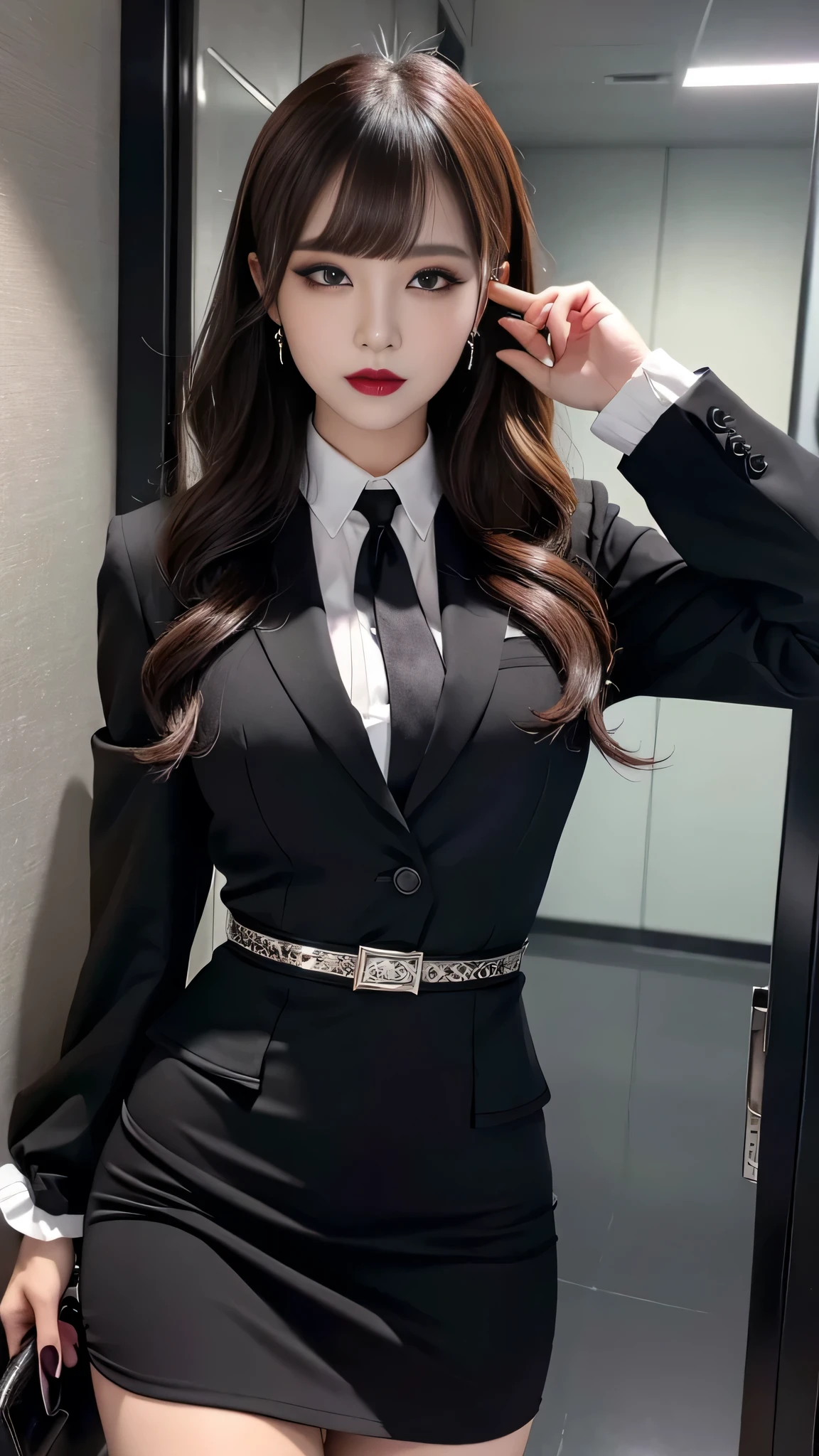 best quality、ultra-detailed、4k、Japanese、Seductive beauty、seductive adult woman、Pretty Woman、cool girl、Villainess、Brainwashed、brainwash、Fallen into evil、smirk、Evil look、Wicked Smile、evil、Brown hair、wavy hair、swept bangs、dark makeup、dark makeup、piercing eyes、hollow eyes,half-closed eyes、Hollow Eyes、purple Eyeshadow、black lipstick、black lipglos、office staff suit、suit、Jacket、Black sleeves、White Shirt、Black Ribbon、Tight Skirt、pantyhose、night、inside darkroom、Are standing、shoot from below、Have lipstick、Emblem of Evil、Crest of Darkness、Swear allegiance、I have pledged my allegiance、Dye black、Blackening、Stained with evil、Dyed in darkness、Seduce