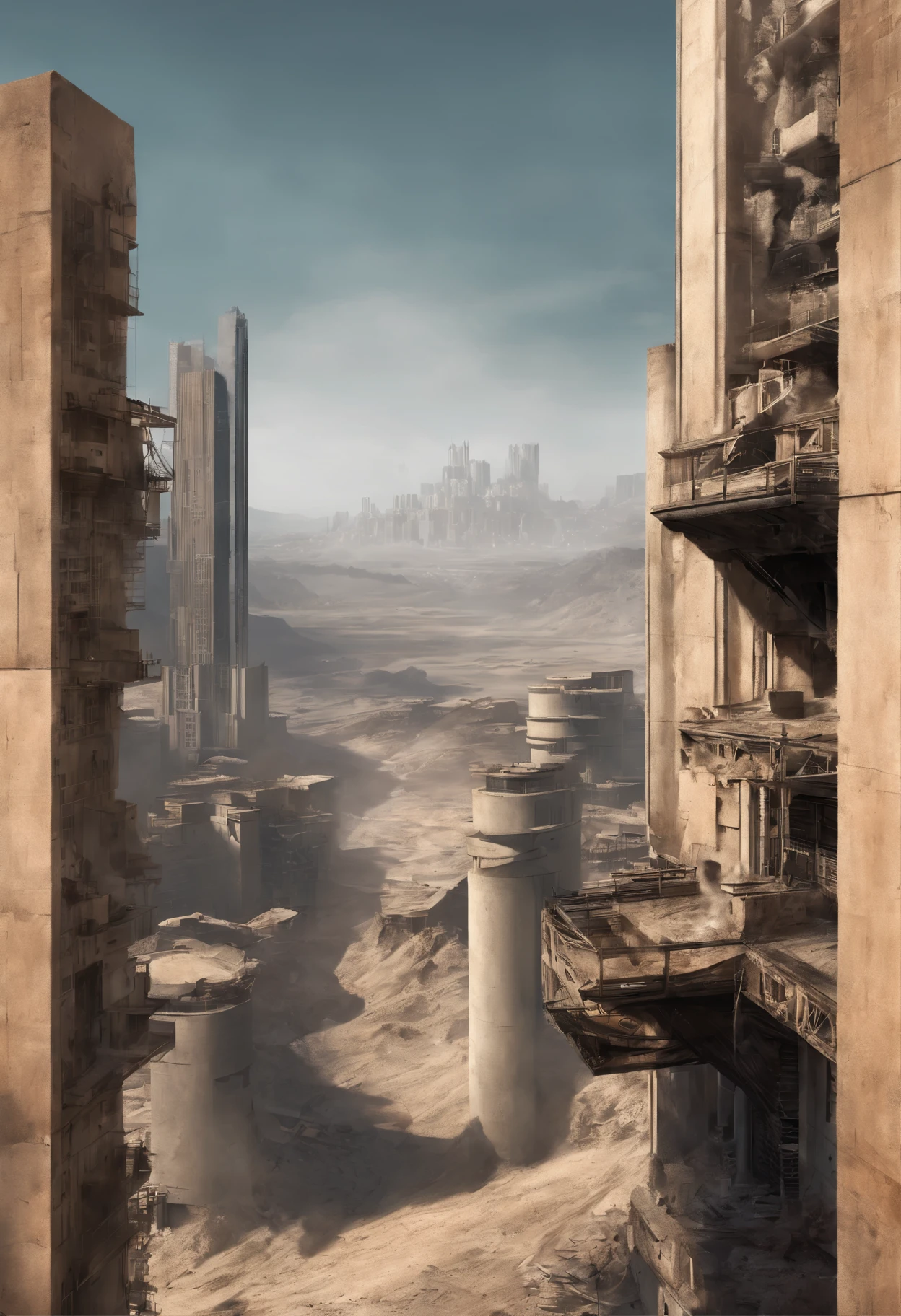 image of the view from inside a bridge between a tall tower in the center of a post-apocalyptic North American canyon and another building, view of the entire desert, there is a reinforced concrete walkway connecting one building to another on the horizon, o deserto tem canyons no horizonte, has smoky structures, carros abandonados nas ruas, desert megalopolis, tall buildings and collapsing to the ground, many destroyed buildings around, TEM UMA GAROTA VESTIDA COM CAPUZ ANDANDO NA RUA, as realistic as possible, As detailed as possible, as realistic as possible, ultra realismo