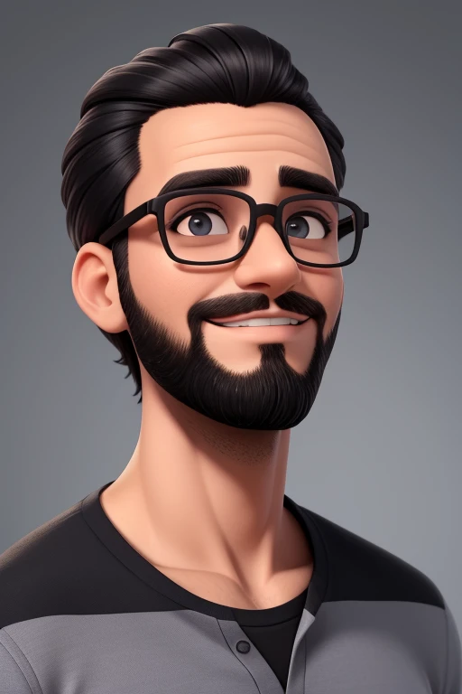 Um homem de 35 anos, com cabelo preto curto, camisa preta, Rosto quadrado, e olhos castanhos escuros, com barba curta, and wearing round glasses.
