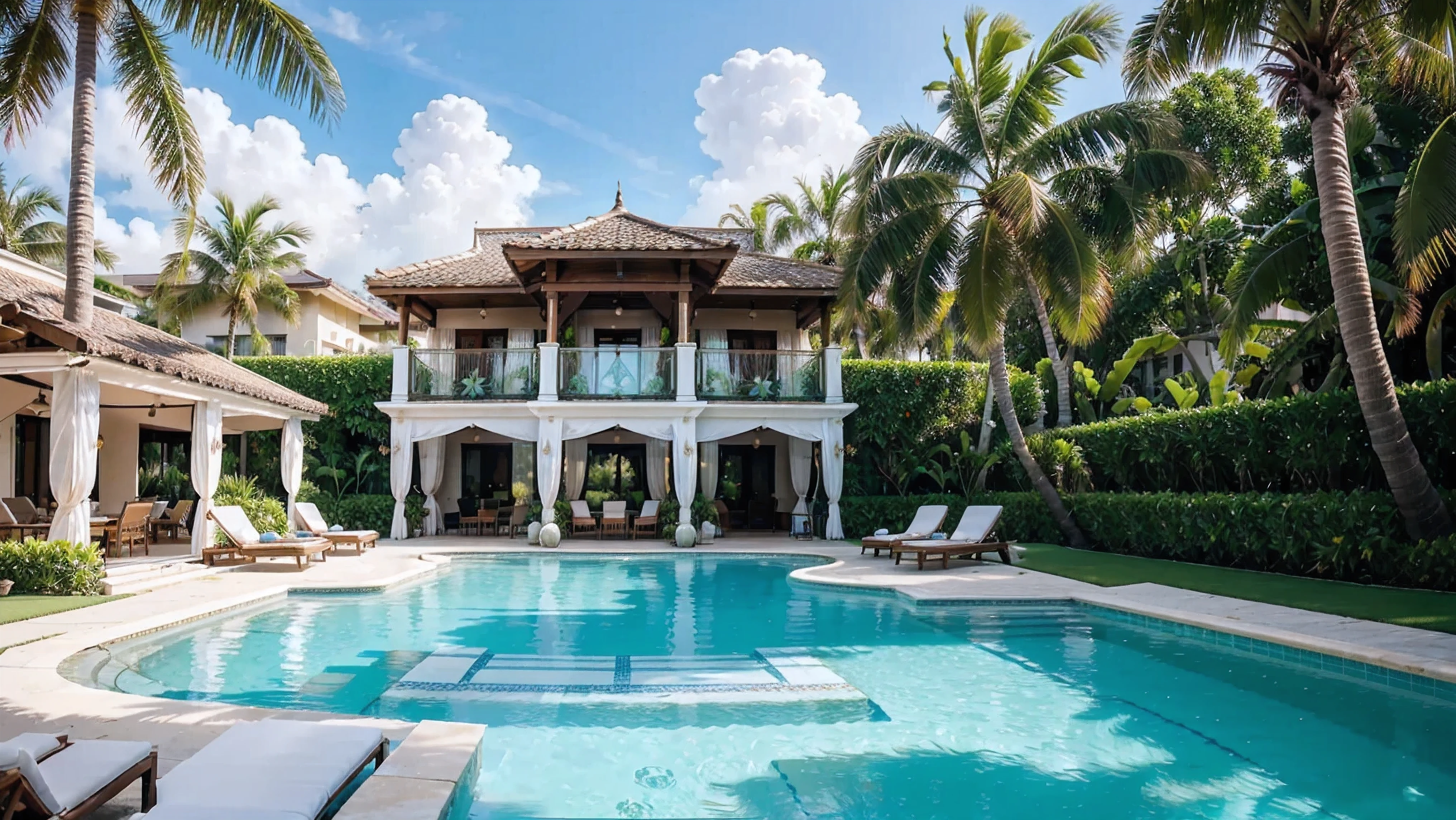 best quality,4k,8k,highres,masterpiece:1.2,ultra-detailed,realistic,photorealistic:1.37,(natural, vibrant colors),(soft, warm lighting),resort,swimming pool,decorated resort,yard with lawn,leisurely atmosphere,refreshing environment,tropical plants,palm trees,loungers,sun umbrellas,private cabanas,crystal-clear water,sparkling pool,relaxing oasis,tranquil retreat,serene surroundings,vibrant flowers,exotic atmosphere,intricate detailing,luxurious amenities,lush greenery,sun-kissed setting,gorgeous architecture,elegant design,inviting ambiance,serene paradise,blissful getaway