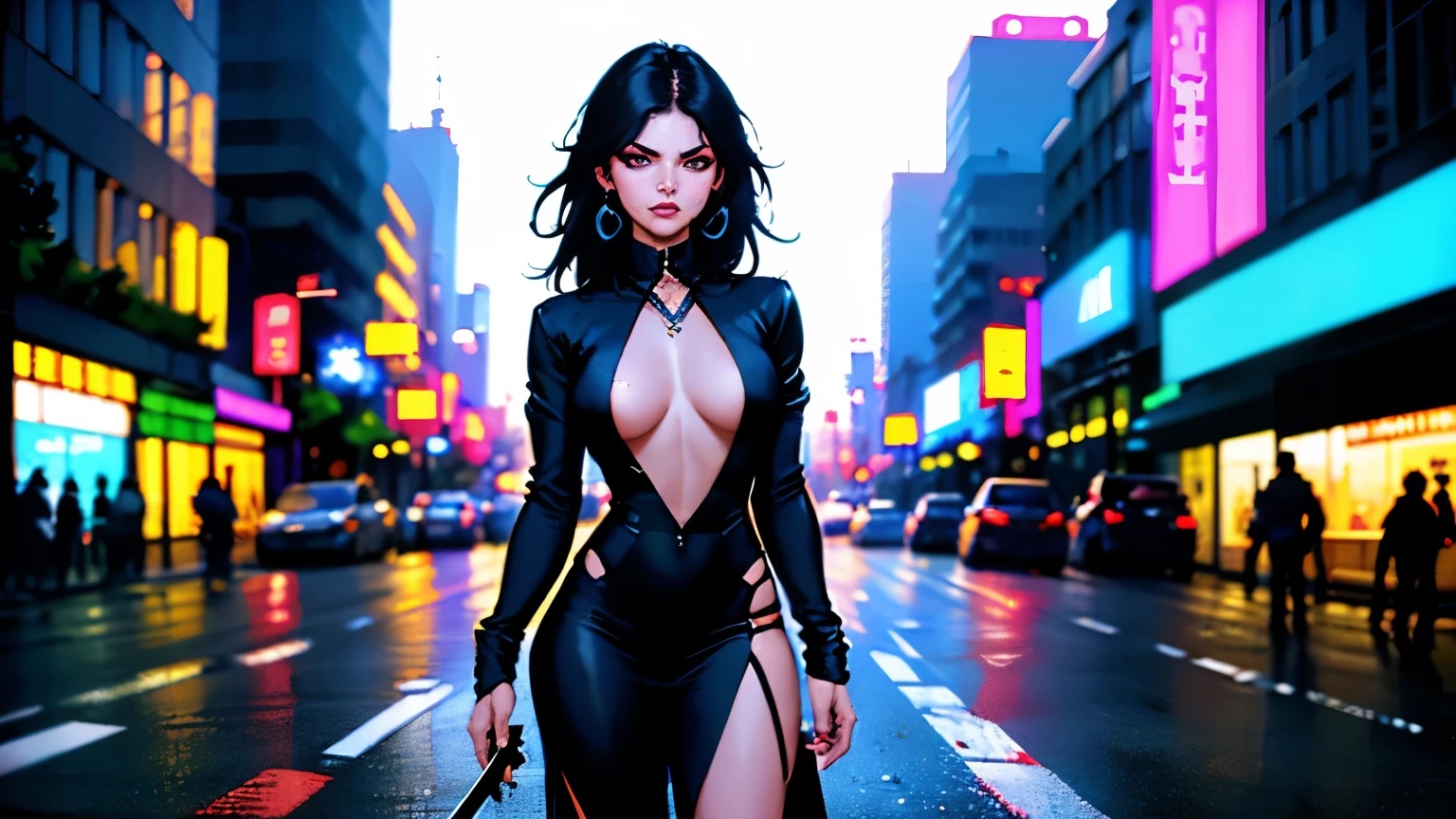 ciberpunk, cinematic frame, dystopian future, ultra realistic, 8K, vibrante, detalhado, zbrush, comic illustration, trends at artstation, por Peter Mohrbacher, por wlop, por Ruan Jia, por Alphonse Mucha, por Dmitry Prozorov, por Norman Rockwell,