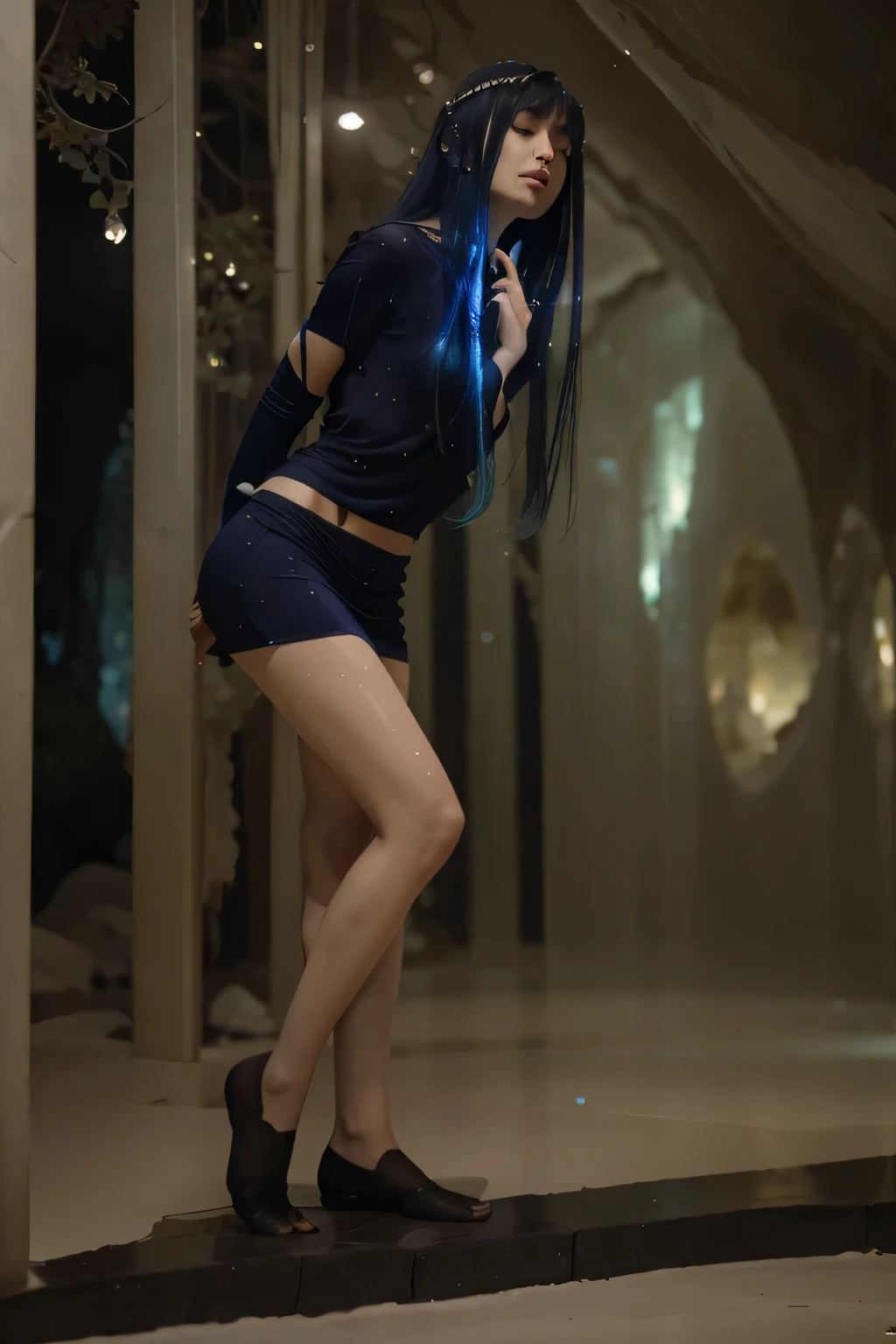 (Best quality, 8k, 32k, Masterpiece, UHD:1.2) "Imagine the serene and mystical atmosphere of The Lapis Lazuli Cave from Houseki no Kuni. Envision a vast, underground cavern illuminated by the ethereal blue glow of lapis lazuli crystals that cover the walls and ceiling. The crystals emit a soft, azure light that bathes the entire cave in a tranquil, otherworldly luminescence.

The cave’s floor is uneven and rocky, with patches of reflective pools of water that mirror the dazzling blue light. Stalactites and stalagmites formed from lapis lazuli crystals create intricate, natural sculptures that add to the cave's enchanting beauty. These formations sparkle like precious gemstones, casting shimmering reflections around the cavern.

The air is cool and damp, carrying the faint scent of minerals. The atmosphere is serene yet charged with a sense of ancient mystery, as if the cave holds secrets from eons past. The sound of dripping water echoes softly, creating a calming, rhythmic soundtrack to the visual splendor. 
In this cave, the gems from Houseki no Kuni explore and marvel at the stunning lapis lazuli crystals, their vibrant hues contrasting beautifully with the deep blue surroundings. The cave’s natural beauty serves as a sanctuary and a place of discovery for the gems.

Capture the essence of The Lapis Lazuli Cave by depicting its breathtaking natural beauty, the calming azure light, and the sense of peace and wonder that permeates this hidden gem within the world of Houseki no Kuni."