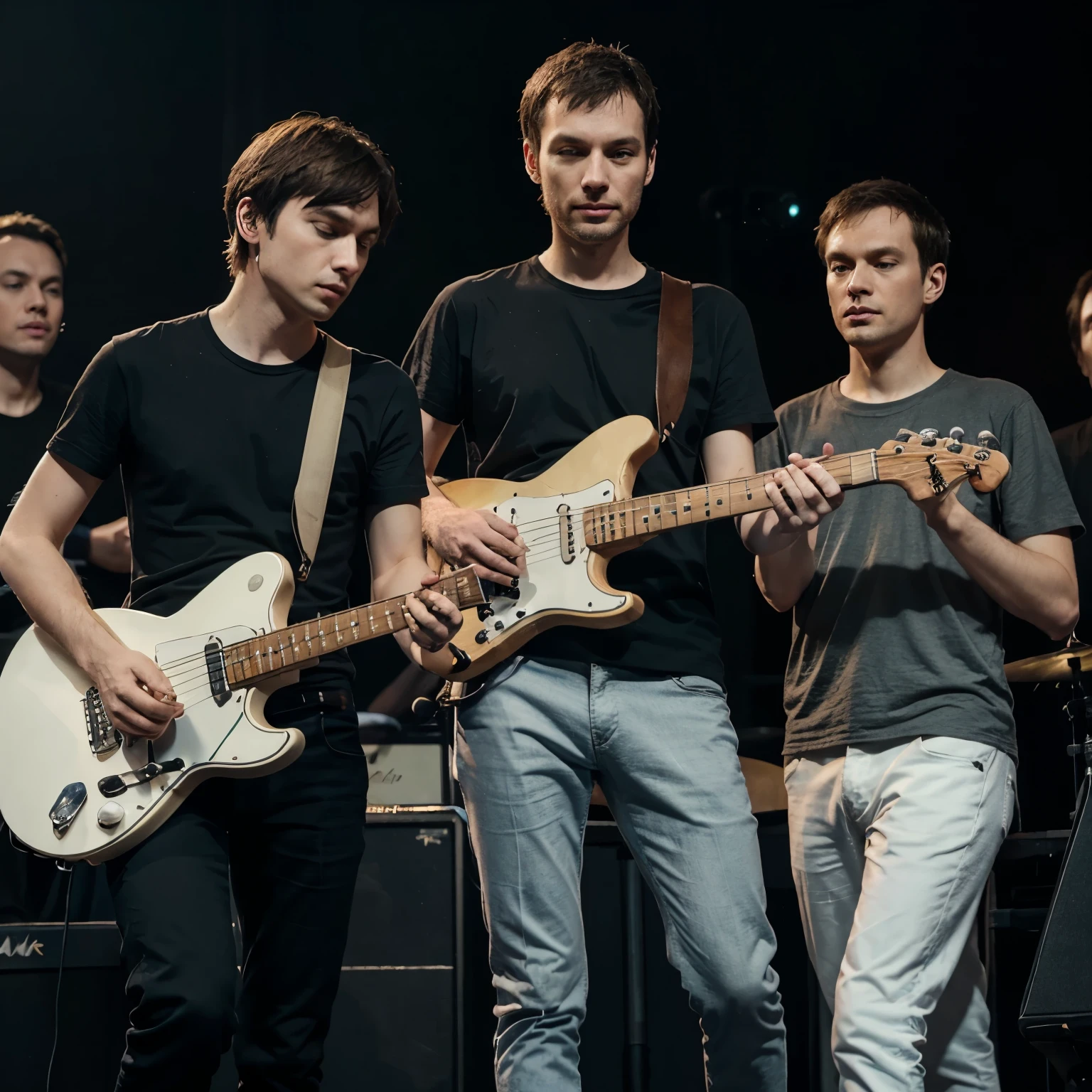 thom york hold the guitar jazz master white, ed'obrien hol the guitat startocaster white, jonny greenwood hold guitar fender telecaster, colin greenwood hold the bass pressicion dan philip selway at the drum concert in jakarta
