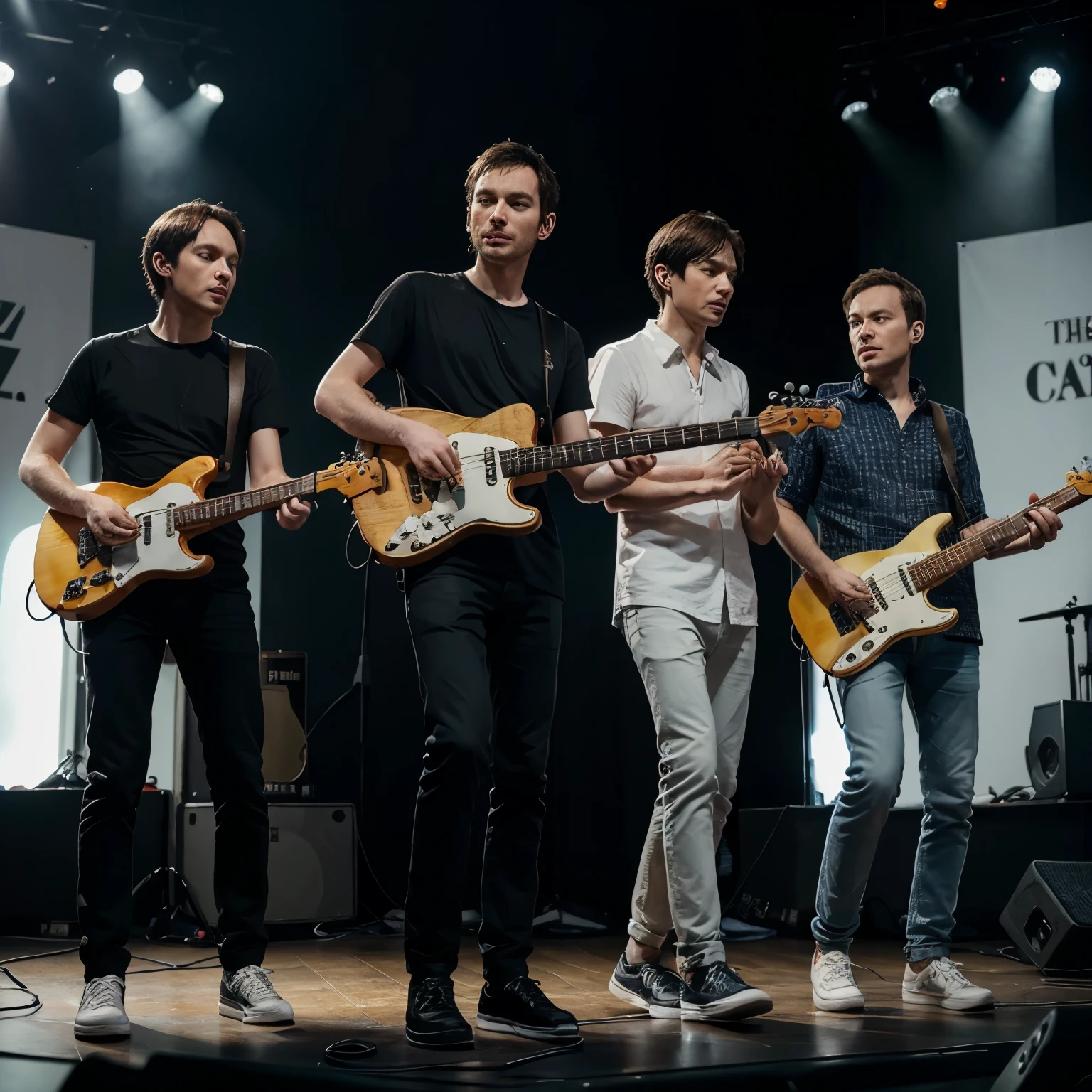 thom york hold the guitar jazz master white, ed'obrien hol the guitat startocaster white, jonny greenwood hold guitar fender telecaster, colin greenwood hold the bass pressicion dan philip selway at the drum concert in jakarta