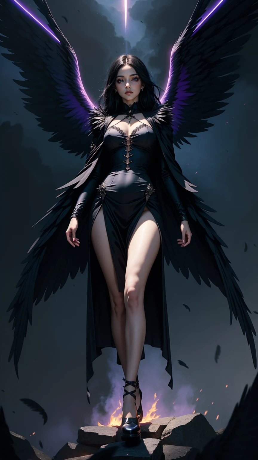 A woman in a long (suggestive dress) of a gothic style, body with pale skin, hair lifted by the wind, straight long black hair, two pairs of black wings, spread black wings, (burning wings:1.2), thick thighs, full body, turned legs, (full sky of background:1.2), (purple light:1.3), deep blue tones, soft lighting, (masterpiece, best quality:1.2)