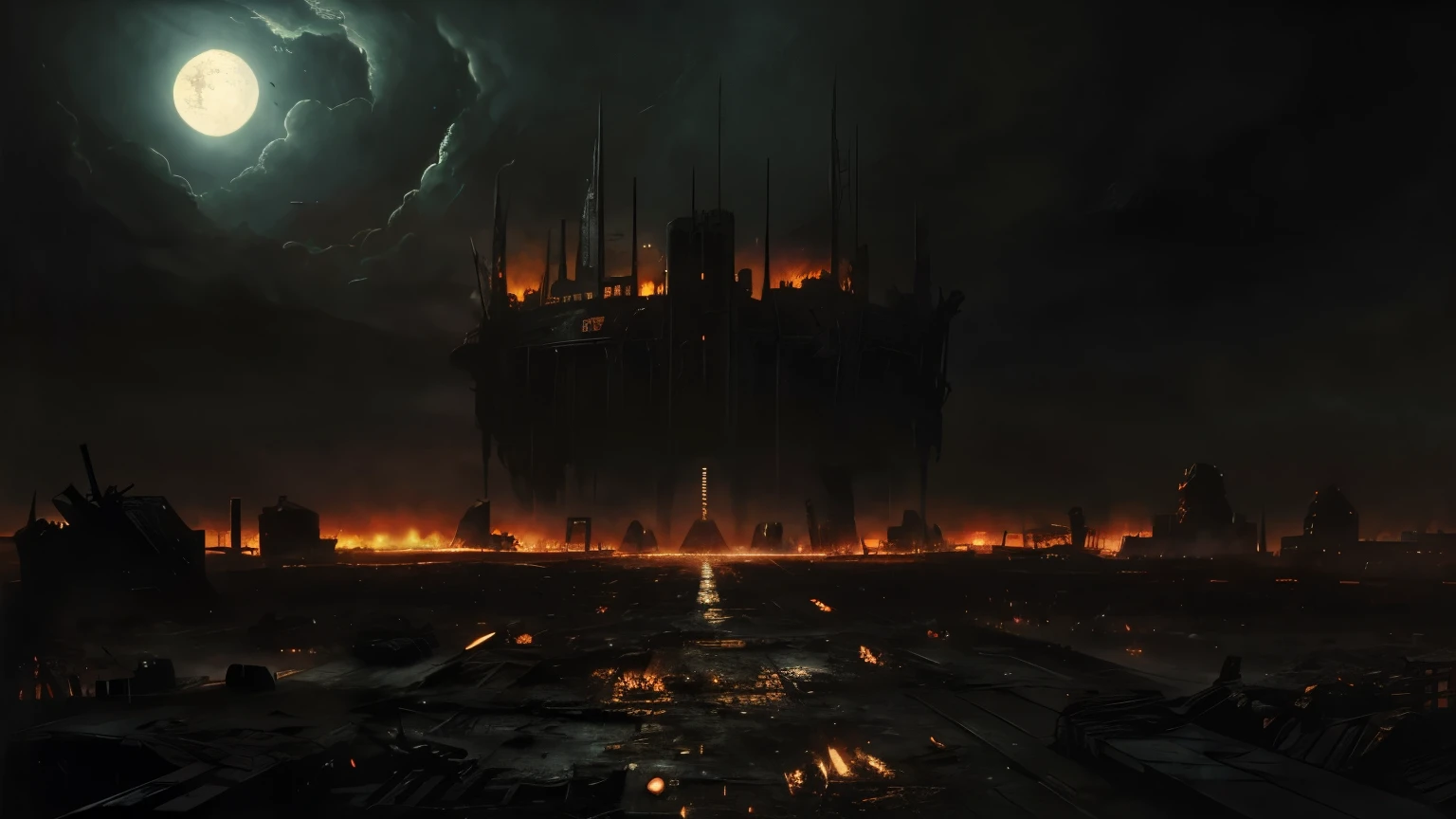 Create dystopian masterpieces,Depict the destroyed futuristic cityscape in a gritty game concept art style. The artwork should evoke a sense of futuristic desolation and despair, post-apocalyptic world. Fique de olho nas complexidades dos detalhes, sharp focus, and a highly detailed description of the ruined city. Be inspired by the artistic styles of Wayne Barlow and Zdislav Beksiński. Deliver this image in movie preview format, Mostre a beleza sombria deste mundo decadente.