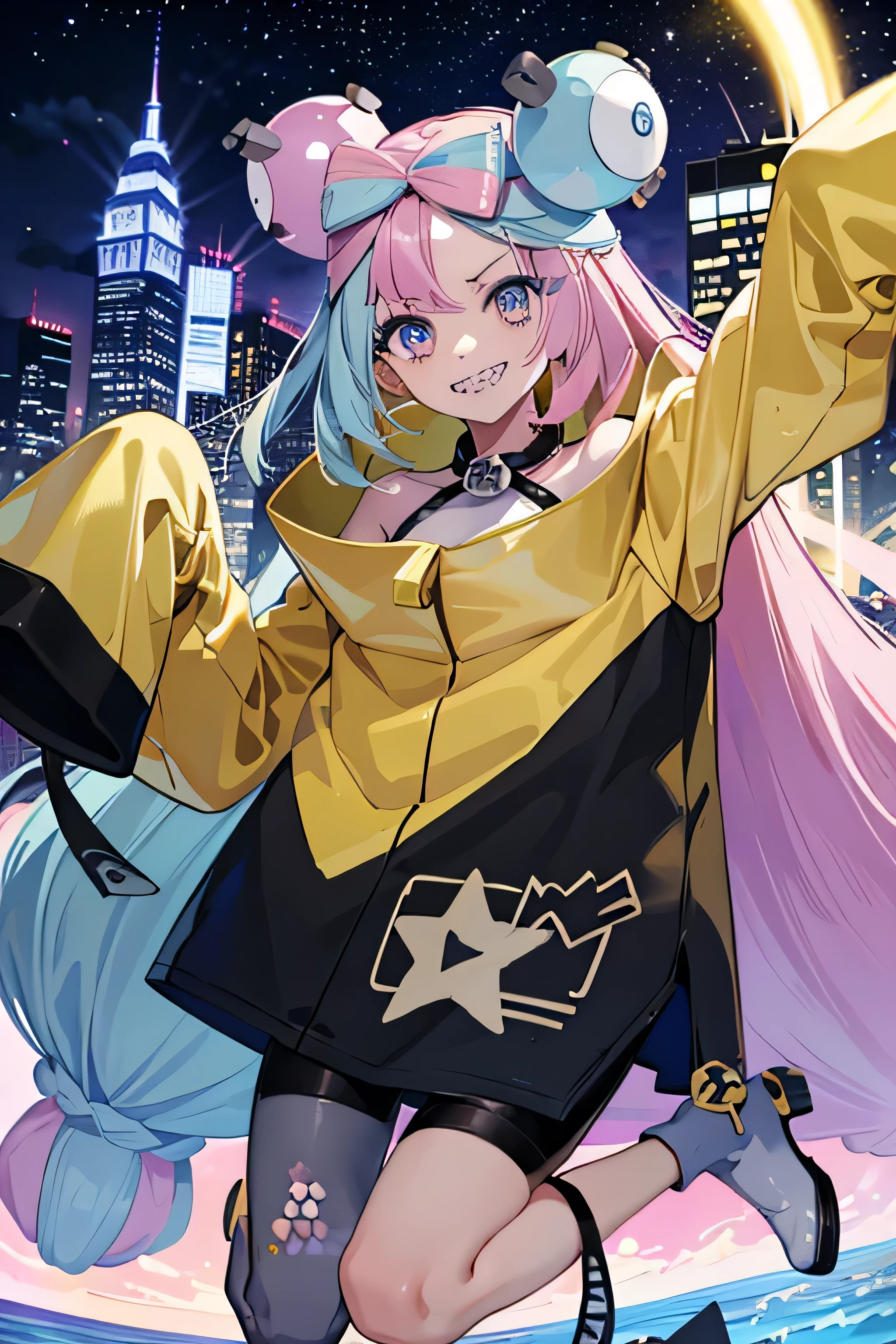 Highest quality、masterpiece、Anime Style、Pink hair and blue eyes、Baggy yellow jacket、Raise your right hand high、Lower your left hand、Stand with only your right foot、Lift your left leg。Sharp teeth、smile、With the city in the background、Purple to yellow gradient eyes