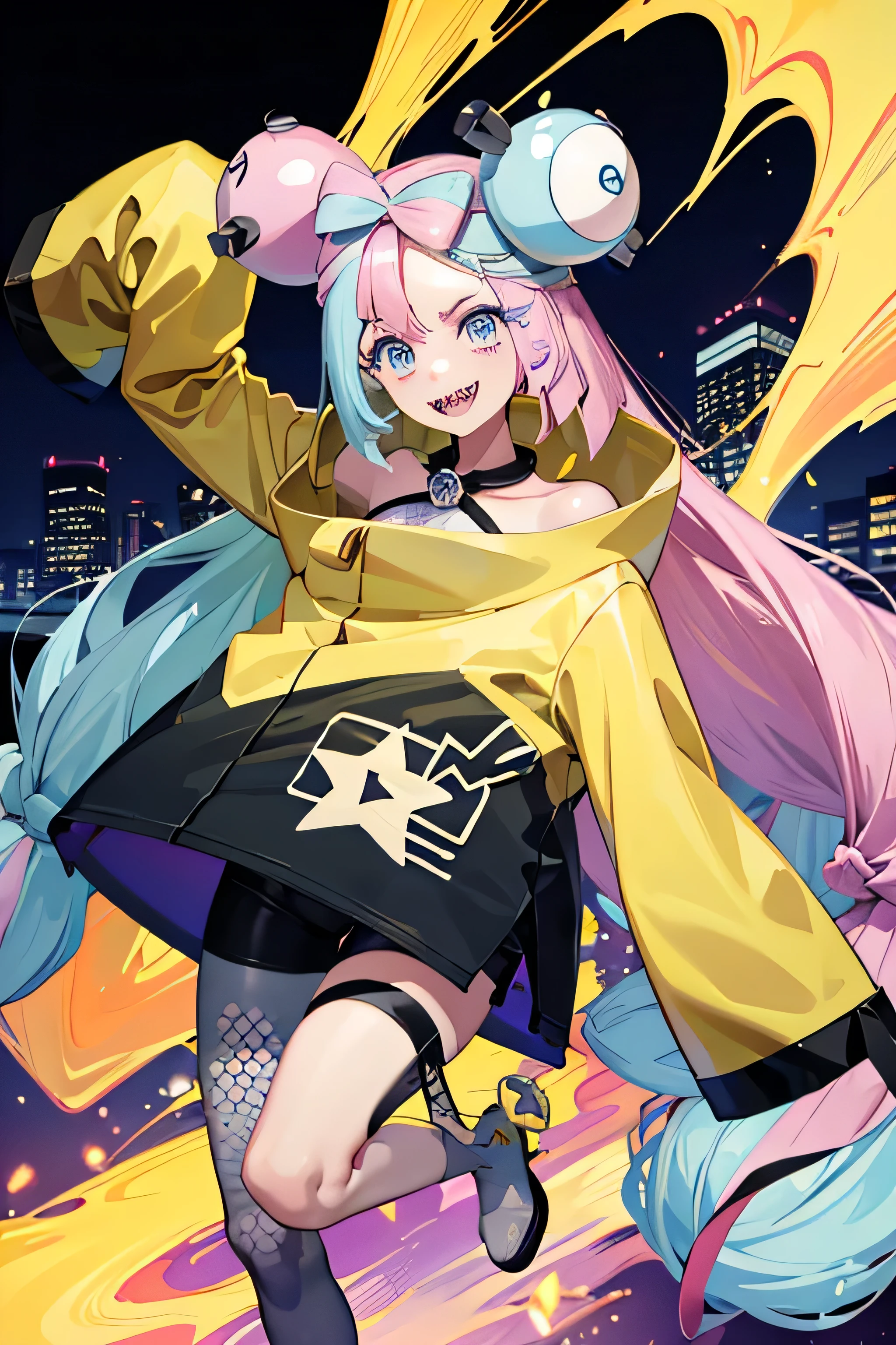 Highest quality、masterpiece、Anime Style、Pink hair and blue eyes、Baggy yellow jacket、Raise your right hand high、Lower your left hand、Stand with only your right foot、Lift your left leg。Sharp teeth、smile、With the city in the background、Purple to yellow gradient eyes