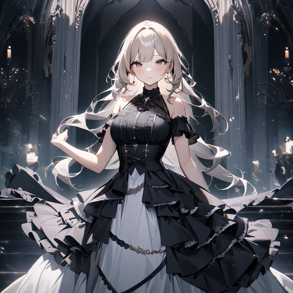 1 girl,best quality, very aesthetic, absurdres,looking at viewer,front view,Lovely lady,high-grade,layer,westfrill,light hair,multilayer,blackcolor,trim,(side-Crisscross),breasts,upscale, Layered