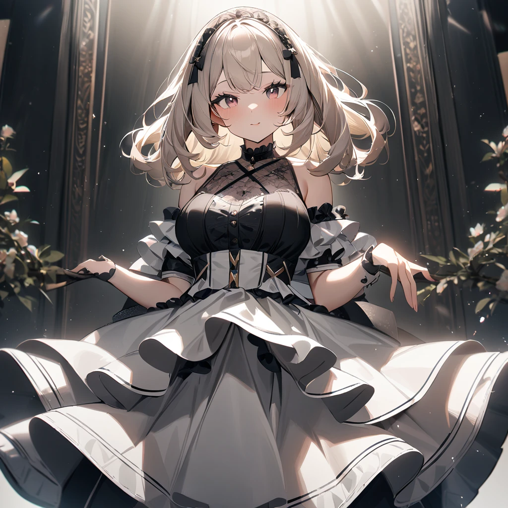1 girl,best quality, very aesthetic, absurdres,looking at viewer,front view,Lovely lady,high-grade,layer,westfrill,light hair,multilayer,blackcolor,trim,(side-Crisscross),breasts,upscale, Layered