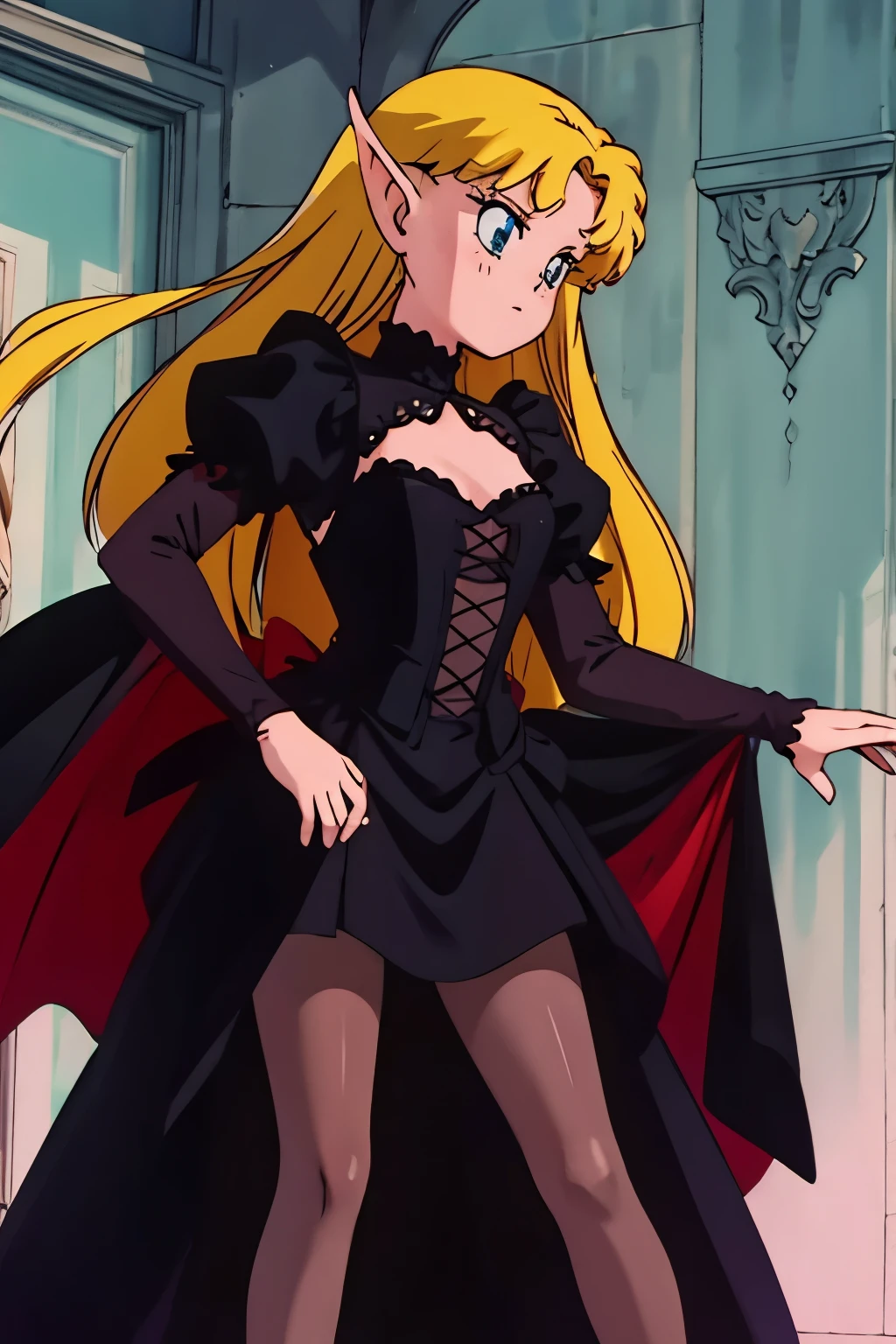 elf girl. long blonde hair, long lace black dress, gothic dress, gloves