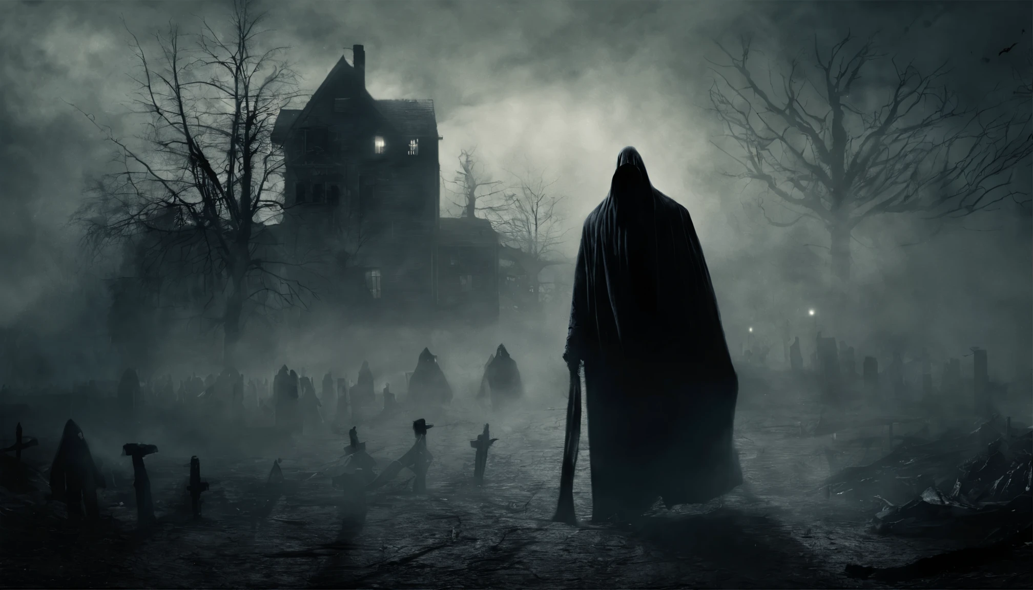 cena de terror de um filme, muitas figuras gigantescas de fantasmas assustadores, semi-transparent apparitions floating and flying, smoke on the ground,  na rua da cidade, busy crowd running away