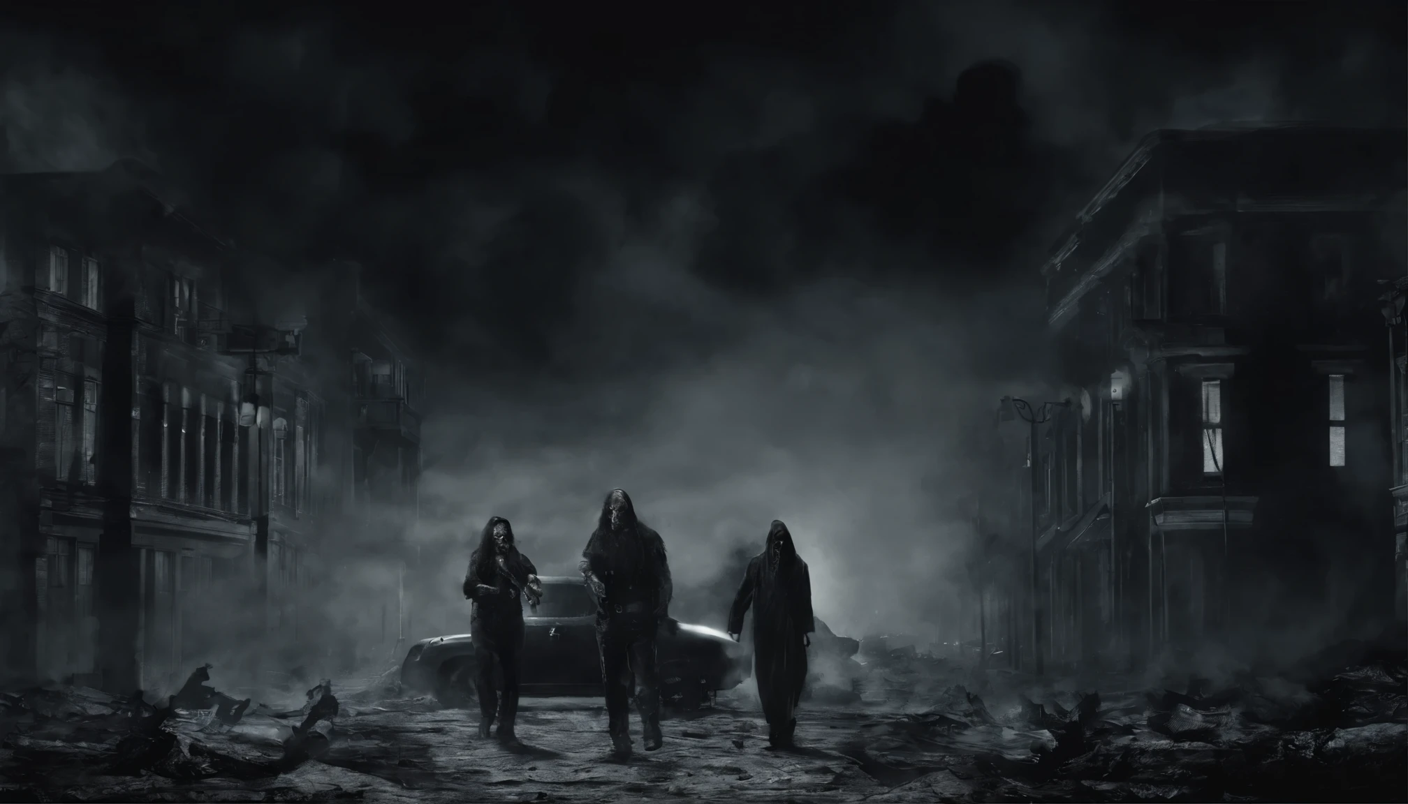 cena de terror de um filme, muitas figuras gigantescas de fantasmas assustadores, semi-transparent apparitions floating and flying, smoke on the ground, na rua da cidade, busy crowd running away