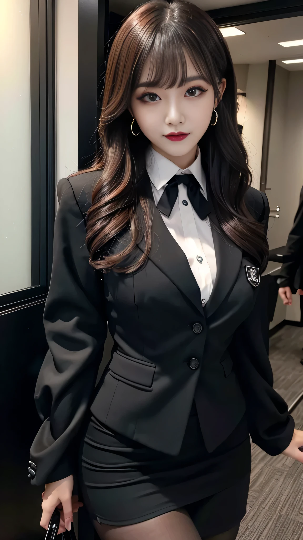 best quality、ultra-detailed、4k、Japanese、Seductive beauty、seductive adult woman、Pretty Woman、cool girl、Villainess、Brainwashed、brainwash、Fallen into evil、smirk、Evil look、Wicked Smile、evil、Brown hair、wavy hair、swept bangs、dark makeup、dark makeup、piercing eyes、hollow eyes,half-closed eyes、Hollow Eyes、purple Eyeshadow、black lipstick、black lipglos、office staff suit、suit、Jacket、Black sleeves、White Shirt、Black Ribbon、Tight Skirt、pantyhose、night、inside darkroom、Are standing、shoot from below、Have lipstick、Emblem of Evil、Crest of Darkness、Swear allegiance、I have pledged my allegiance、Dye black、Blackening、Stained with evil、Dyed in darkness、Seduce