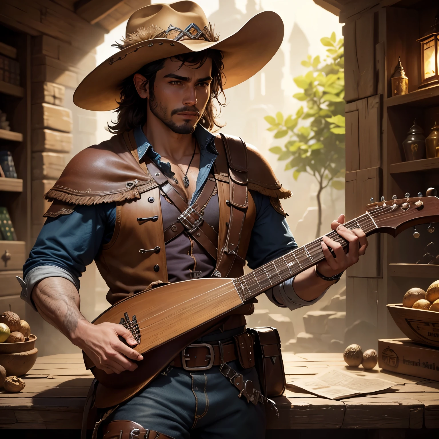 8k, masterpiece, best quality, realistic, higly detailed, cowboy shot, 1boy, male, solo, Miguel Silva, brazilian features, dnd, d&d, dungeons and dragons, dungeons & dragons, rpg, ttrp, human, bard, dulcimer