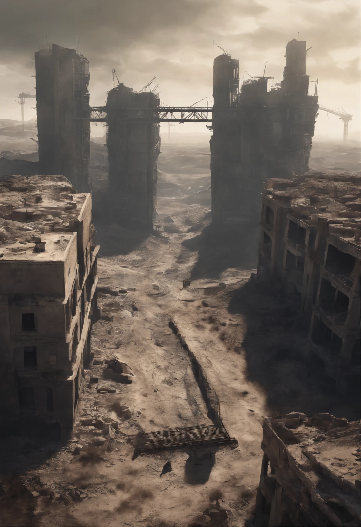 image of the view from inside a winding bridge between a tall tower in the center of a post-apocalyptic North American canyon and another building, view of the entire desert, there is a reinforced concrete walkway connecting one building to another on the horizon, o deserto tem canyons no horizonte, has smoky structures, carros abandonados nas ruas, desert megalopolis, tall buildings and collapsing to the ground, many destroyed buildings around, TEM UMA GAROTA VESTIDA COM CAPUZ ANDANDO NA RUA, as realistic as possible, As detailed as possible, as realistic as possible, ultra realismo