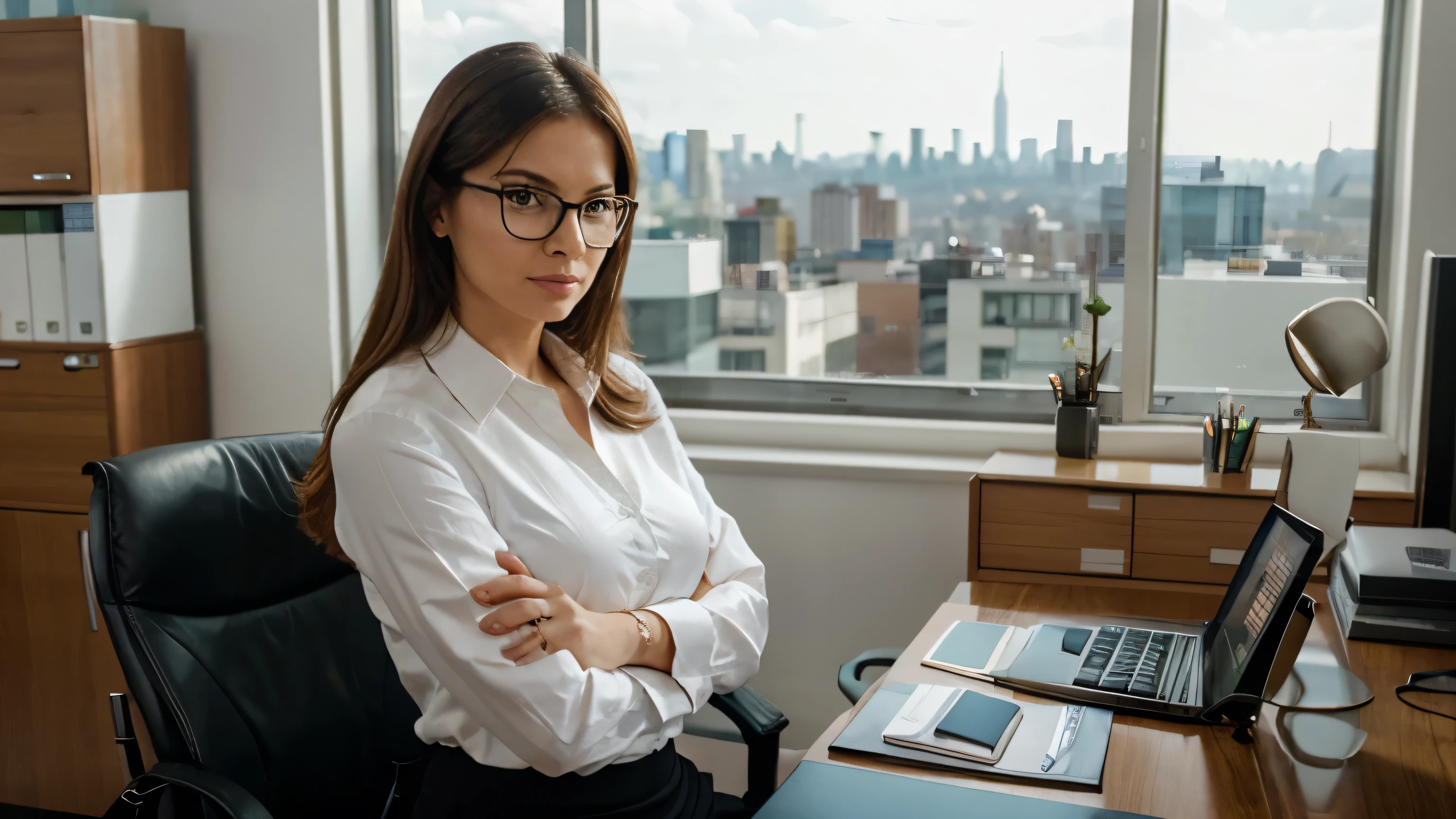 an executive woman with glasses and her arm crossed, in the background of her chic office we see the city. beautiful woman.