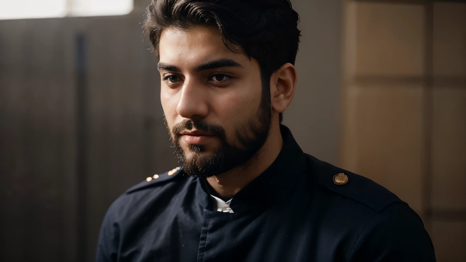 A 20-year-old Iranian boy with short hair and a short black beard - in a navy dress - reality - natural - high quality with details - cinematic