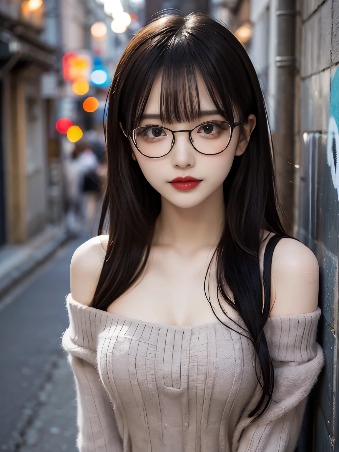 raw photo, 8k, (top-quality), Realistic, (real picture, Intricate details), (natural skin texture, detailed skin, hyper realism, sharpness), (glasses Japanese  girl standing in a dirty back alley at night, graffitied wall:1.3), ((off-the-shoulder sweater)), (pale skin:1.2, slender body, flat chest), ((long straight hair, blunt bangs)), (glasses provocative look, Parted lips:1.3, eye shadow, eyeliner, red lipstick, shy smile), graffiti:1.5, night time, spot lighting:1.3, upper body shot