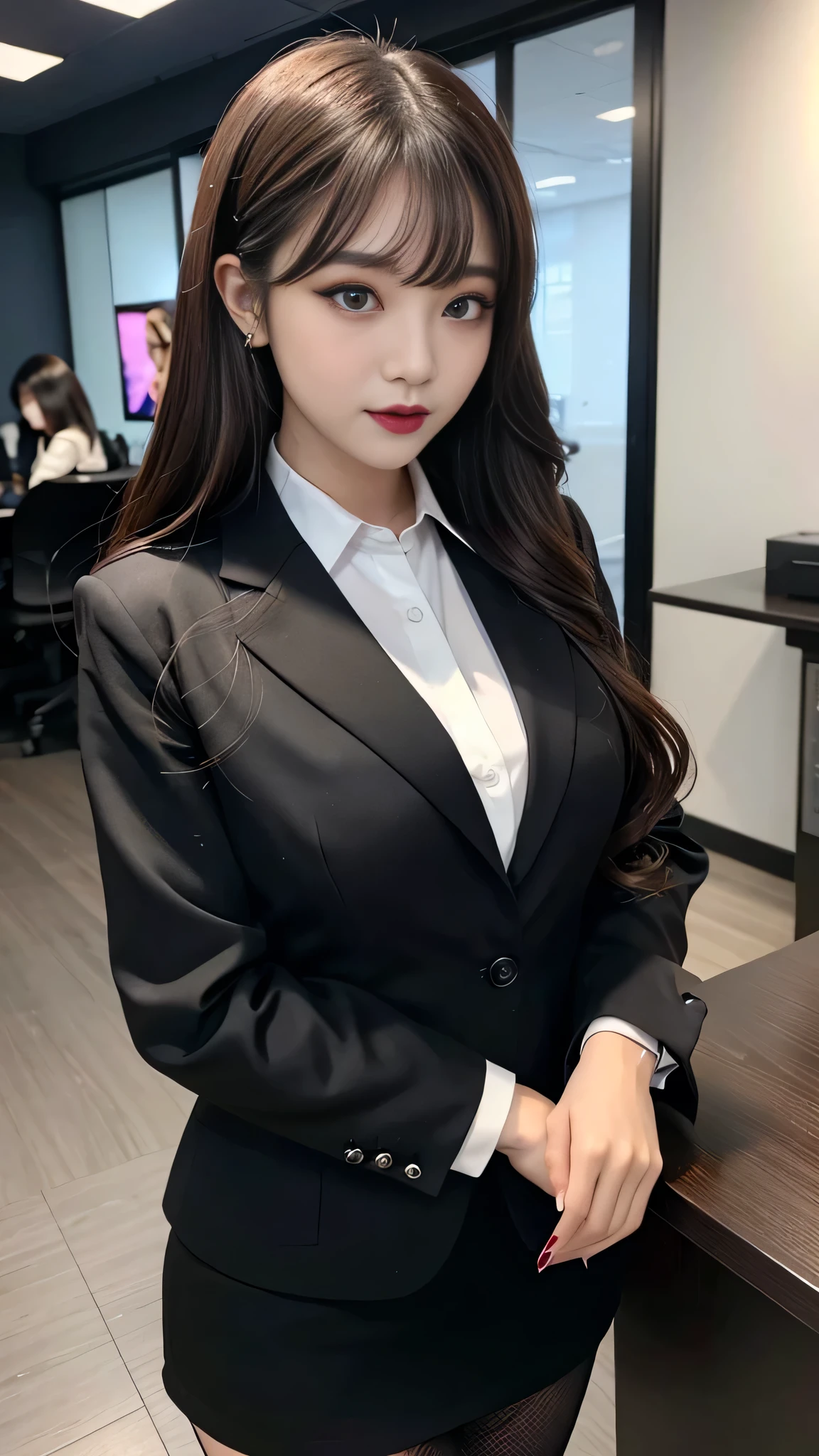 best quality、ultra-detailed、4k、Japanese、Seductive beauty、seductive adult woman、Pretty Woman、cool girl、Villainess、Brainwashed、brainwash、Fallen into evil、smirk、Evil look、Wicked Smile、evil、Brown hair、wavy hair、swept bangs、dark makeup、dark makeup、piercing eyes、hollow eyes,half-closed eyes、Hollow Eyes、purple Eyeshadow、black lipstick、black lipglos、office staff suit、suit、Jacket、Black sleeves、White Shirt、Black Ribbon、Tight Skirt、pantyhose、night、inside darkroom、Are standing、shoot from below、Have lipstick、Emblem of Evil、Crest of Darkness、Swear allegiance、I have pledged my allegiance、Dye black、Blackening、Stained with evil、Dyed in darkness、Seduce