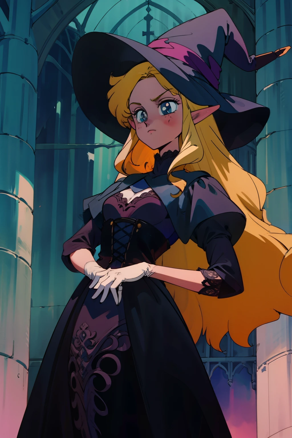 elf girl. long blonde hair, long lace black dress, gothic dress, gloves, witch hat