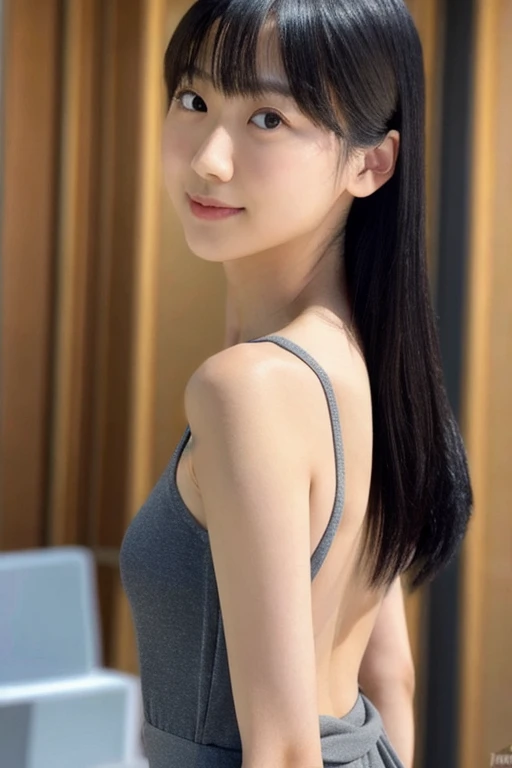 A Japanese lady, skinny figure, small breasts, extremely thin waist, beautiful face, beautiful eyes, natural make up, black long hair, wearing a tight grey dress with an open back design, looking back at your audience, 1girl in, solo, detailed face and eyes, detailed fingers and arms. Full body photo. Realistic, Photorealistic.