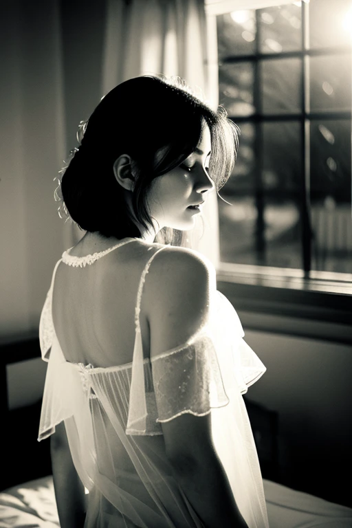 Art Photo,Old Monochrome Film, Bokeh, Flare, Low Contrast ,High-Key , Twilight ,Beautiful Messy Woman , Sweet Body , Wearing Transparent Wear ,Loose, Wear Come Off , In The Bedroom , Moist Eyes