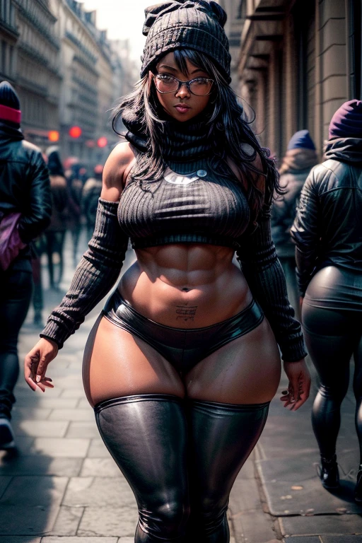 {(Sha'Carri Richardson, usando (legging preto de couro), e uma (moletom rosa, with Stylish Toca De Frio wool beanie), (sensual)corpo peito, quadril largo, cintura fina, wide, thick thighs with quadriceps muscles, gostosa}, Paris.