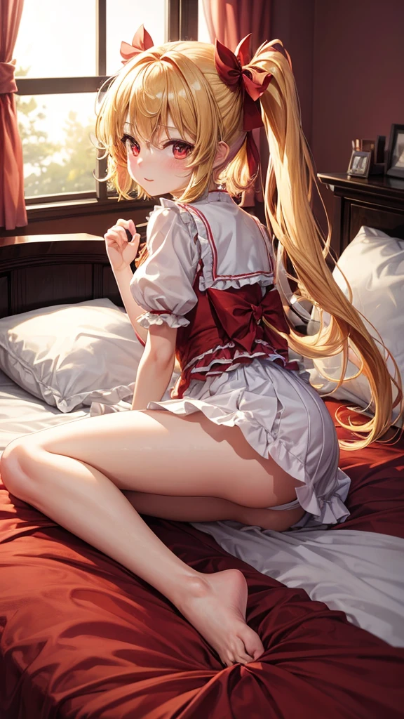 On the bed, highest quality, 1 girl,Flandre Scarlet,Blonde side ponytail、Bedroom Background,I&#39;m wearing a white thug hat、And colorful feathers、ＨCup Chest、blush,naked、全naked、Dripping vaginal discharge