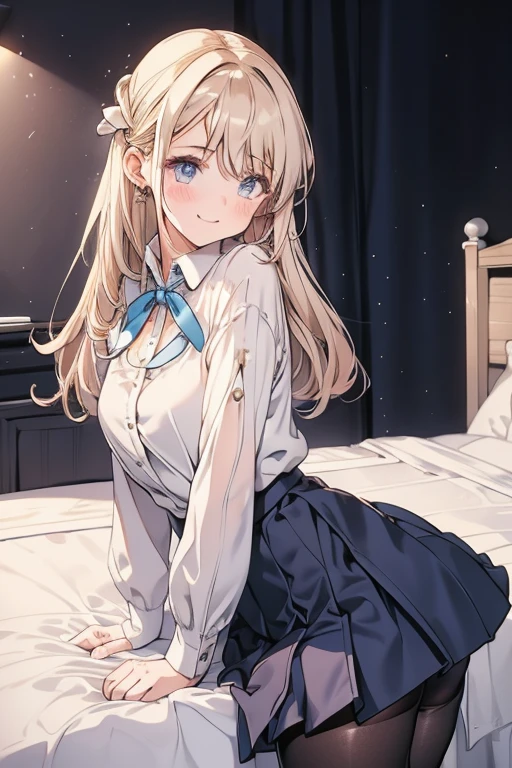 highest quality, 8K,(one girl:1.3),seductive smile,Black Pantyhose, Blue short skirt,White blouse,close mouth,Fancy Room,make out,fidgety,from side,(tall stature:1.1),shy,